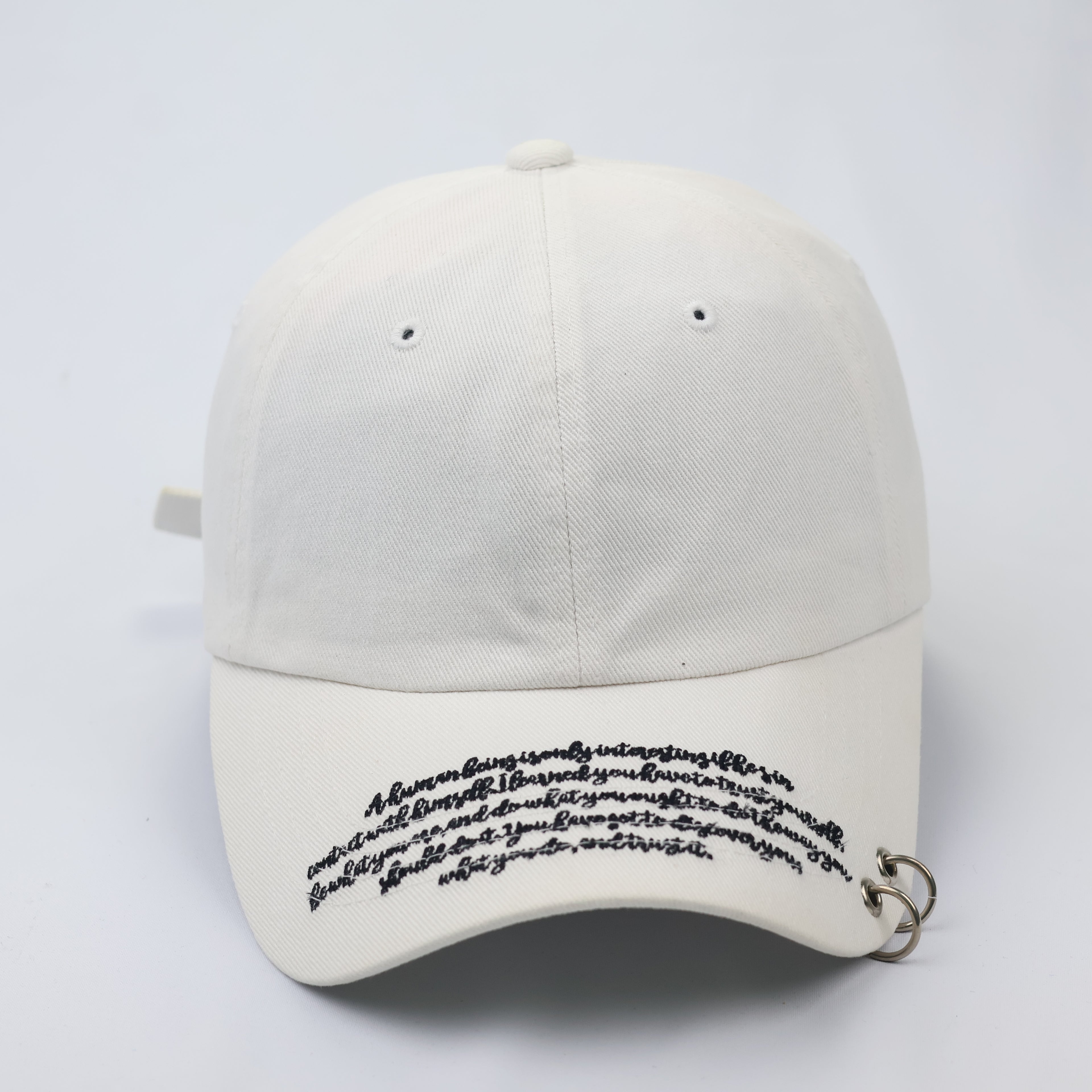 White Piercing Hoop Dad Hat - K-Pop Style Script Embroidered Cap