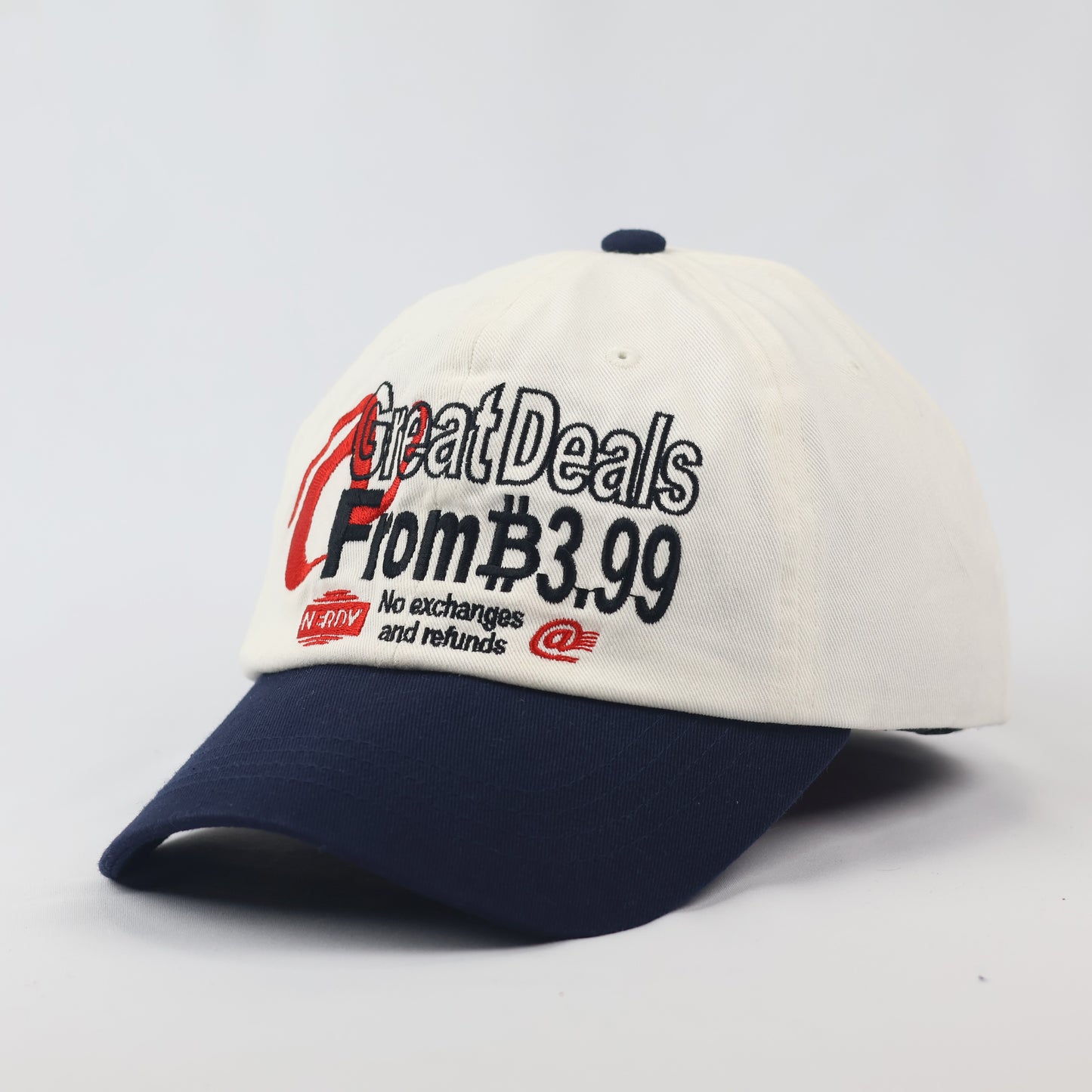 Official NERDY "Great Deals" Baseball  Thrifted Cap - Cream & Navy Unisex Dad Hat