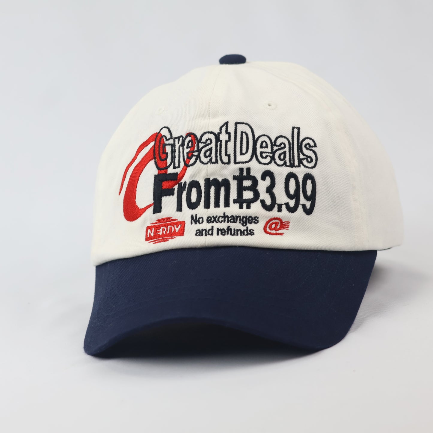 Official NERDY "Great Deals" Baseball  Thrifted Cap - Cream & Navy Unisex Dad Hat