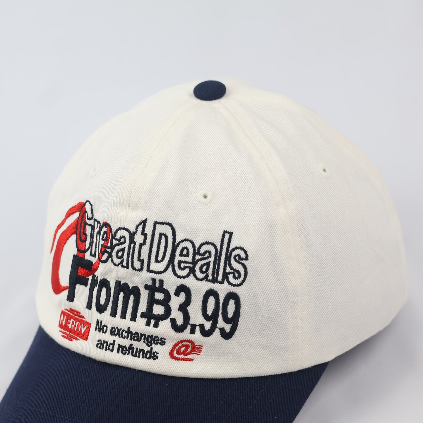 Official NERDY "Great Deals" Baseball  Thrifted Cap - Cream & Navy Unisex Dad Hat