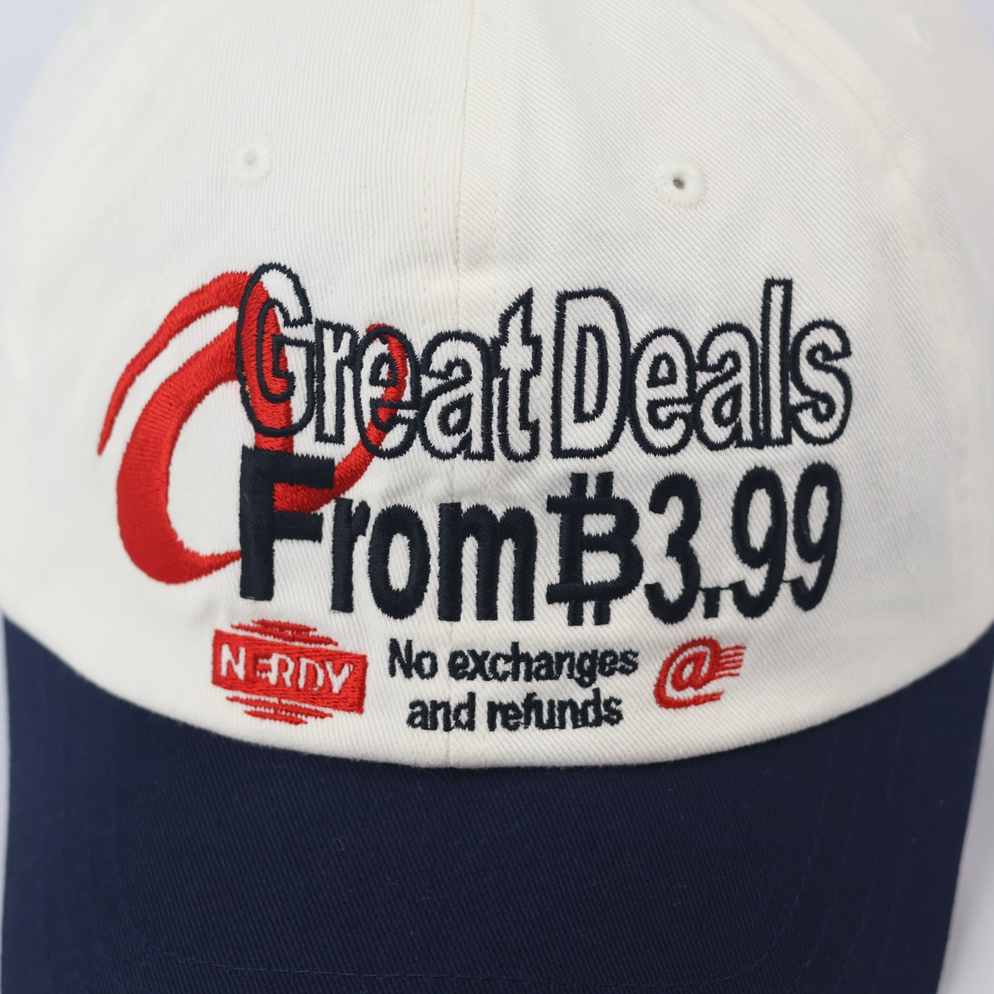 Official NERDY "Great Deals" Baseball  Thrifted Cap - Cream & Navy Unisex Dad Hat