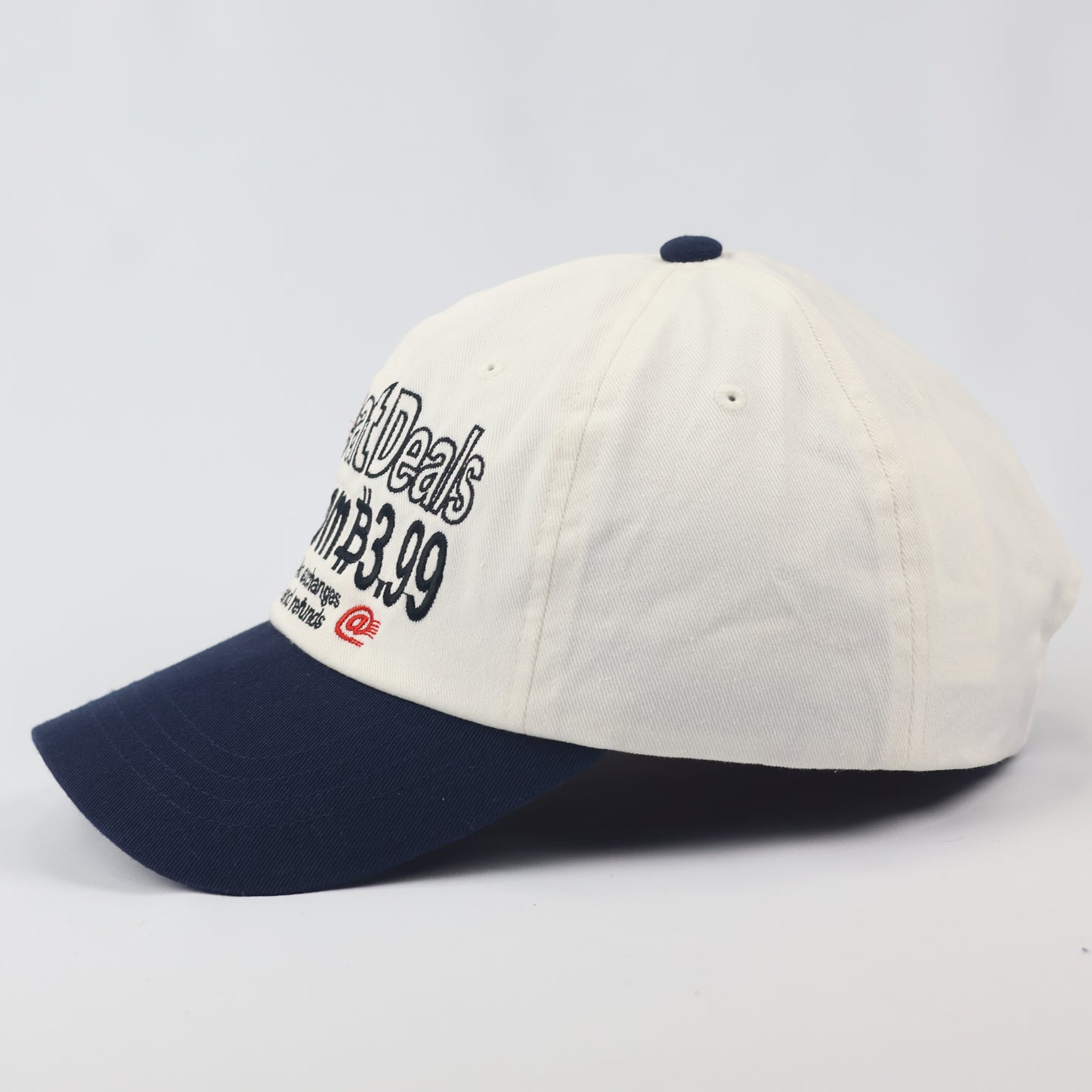 Official NERDY "Great Deals" Baseball  Thrifted Cap - Cream & Navy Unisex Dad Hat