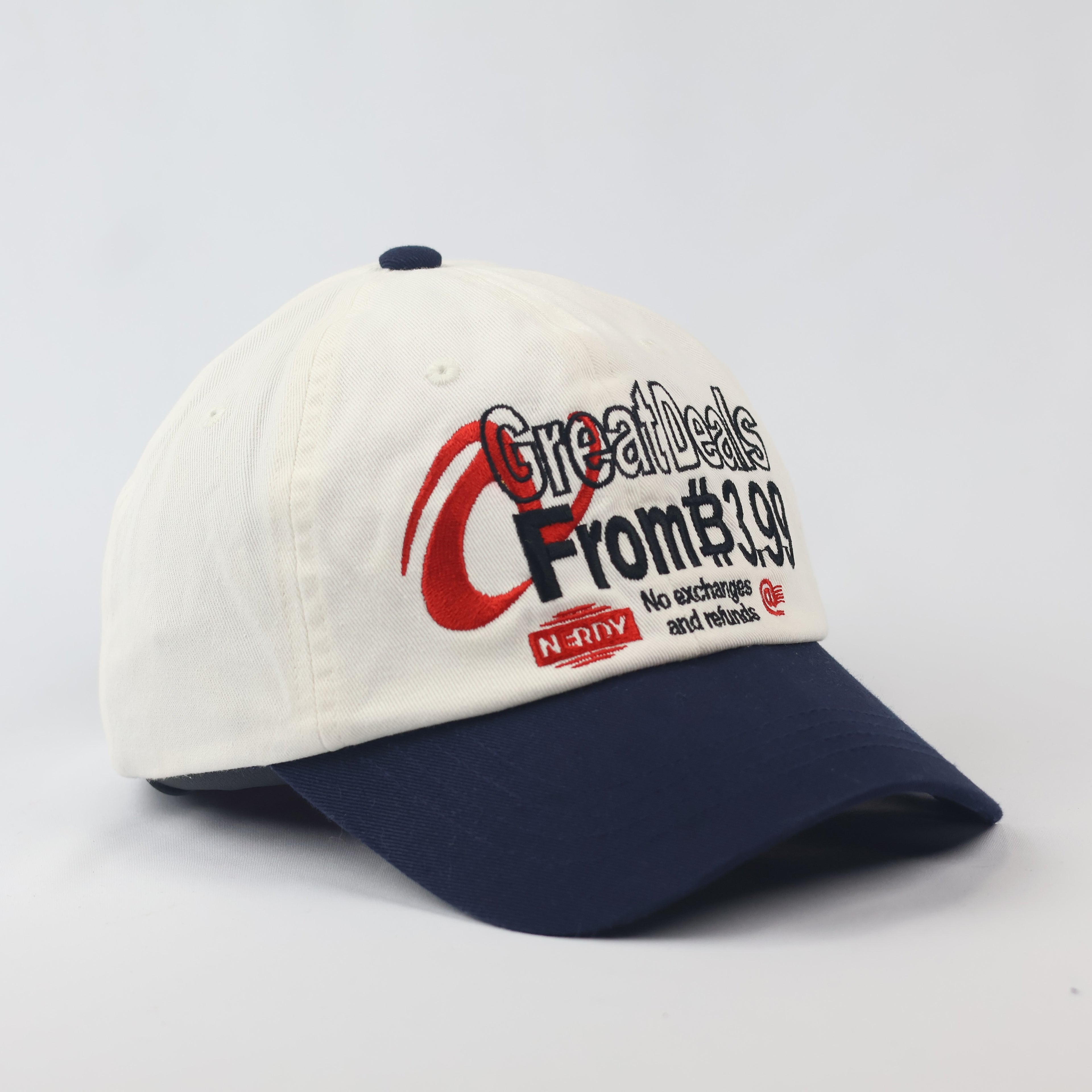 Official NERDY "Great Deals" Baseball  Thrifted Cap - Cream & Navy Unisex Dad Hat