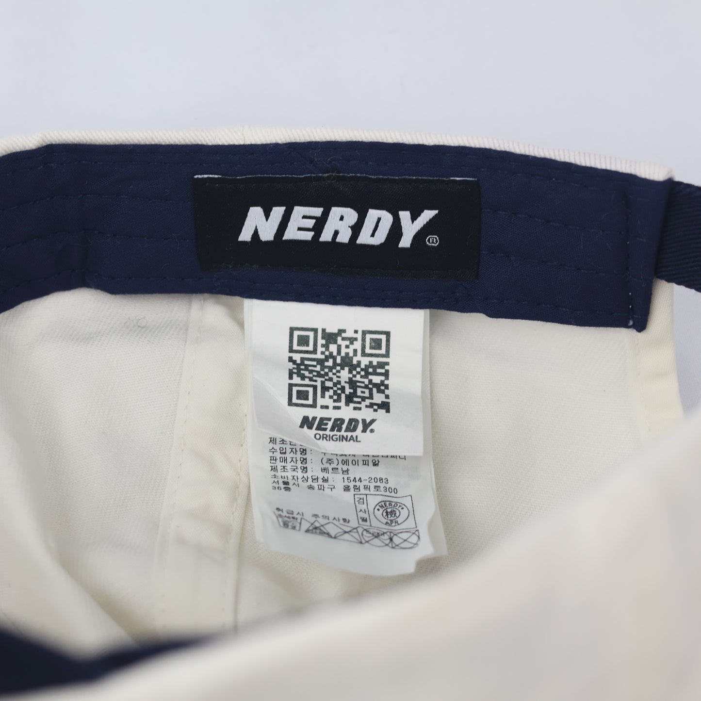 Official NERDY "Great Deals" Baseball  Thrifted Cap - Cream & Navy Unisex Dad Hat