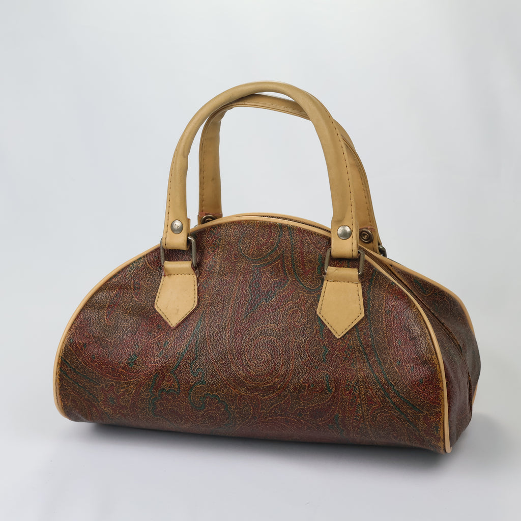 Vintage Paisley Pattern Satchel Bag - Retro Tan Leather Trim Handbag