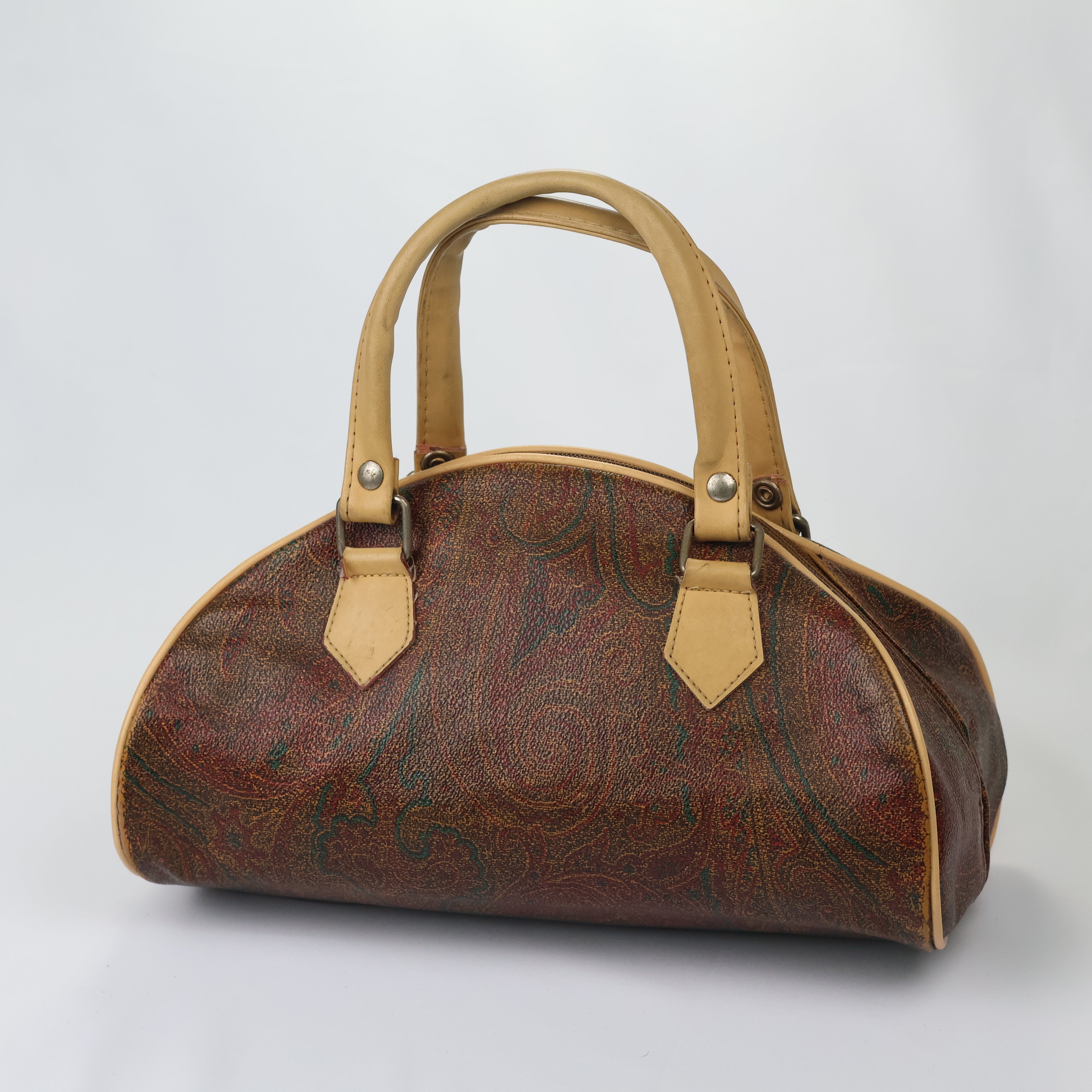 Vintage Paisley Pattern Satchel Bag - Retro Tan Leather Trim Handbag