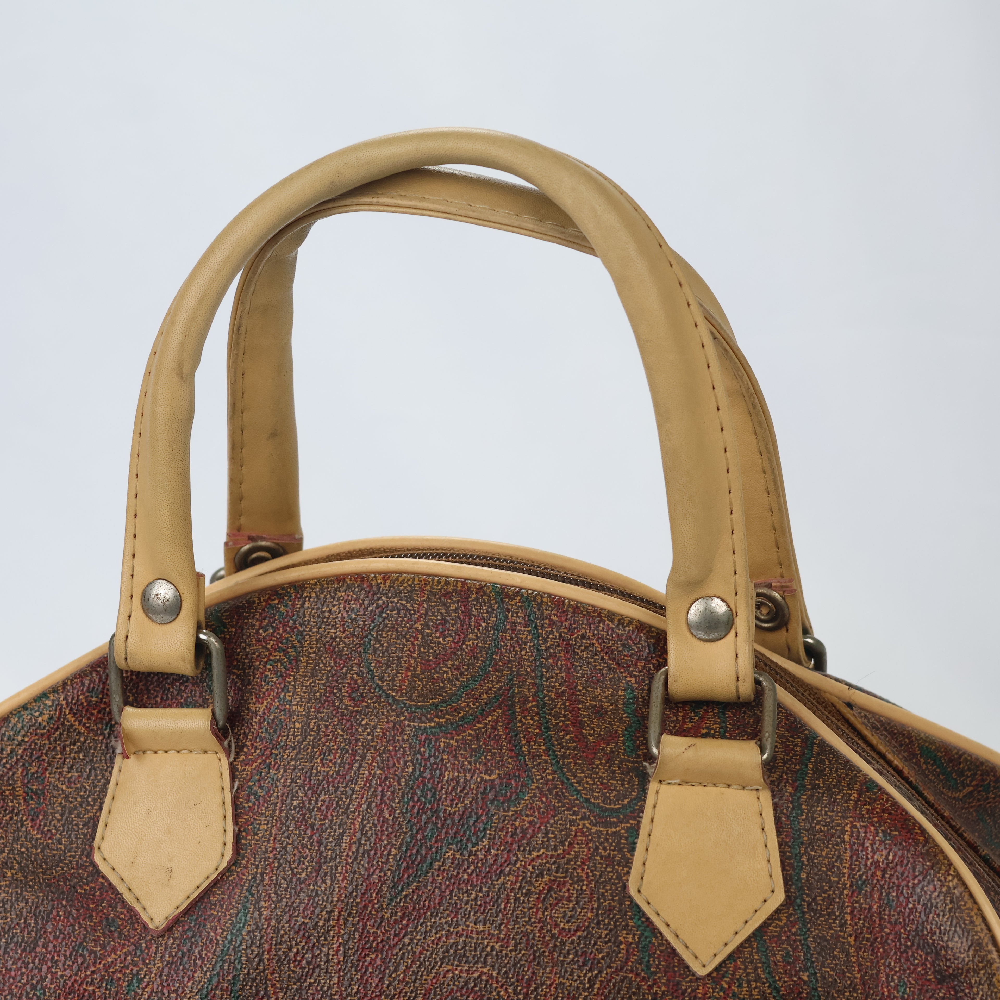 Vintage Paisley Pattern Satchel Bag - Retro Tan Leather Trim Handbag
