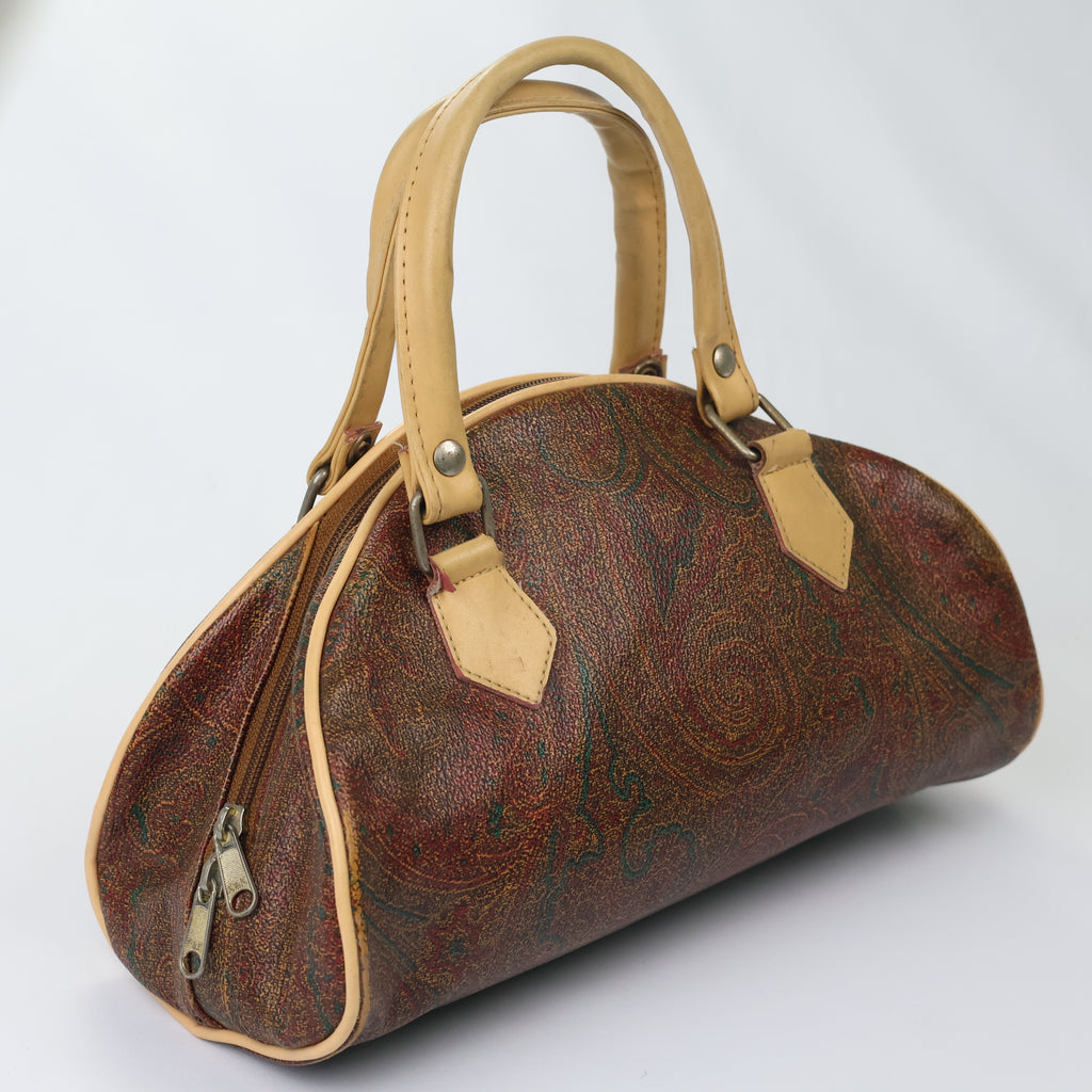Vintage Paisley Pattern Satchel Bag - Retro Tan Leather Trim Handbag
