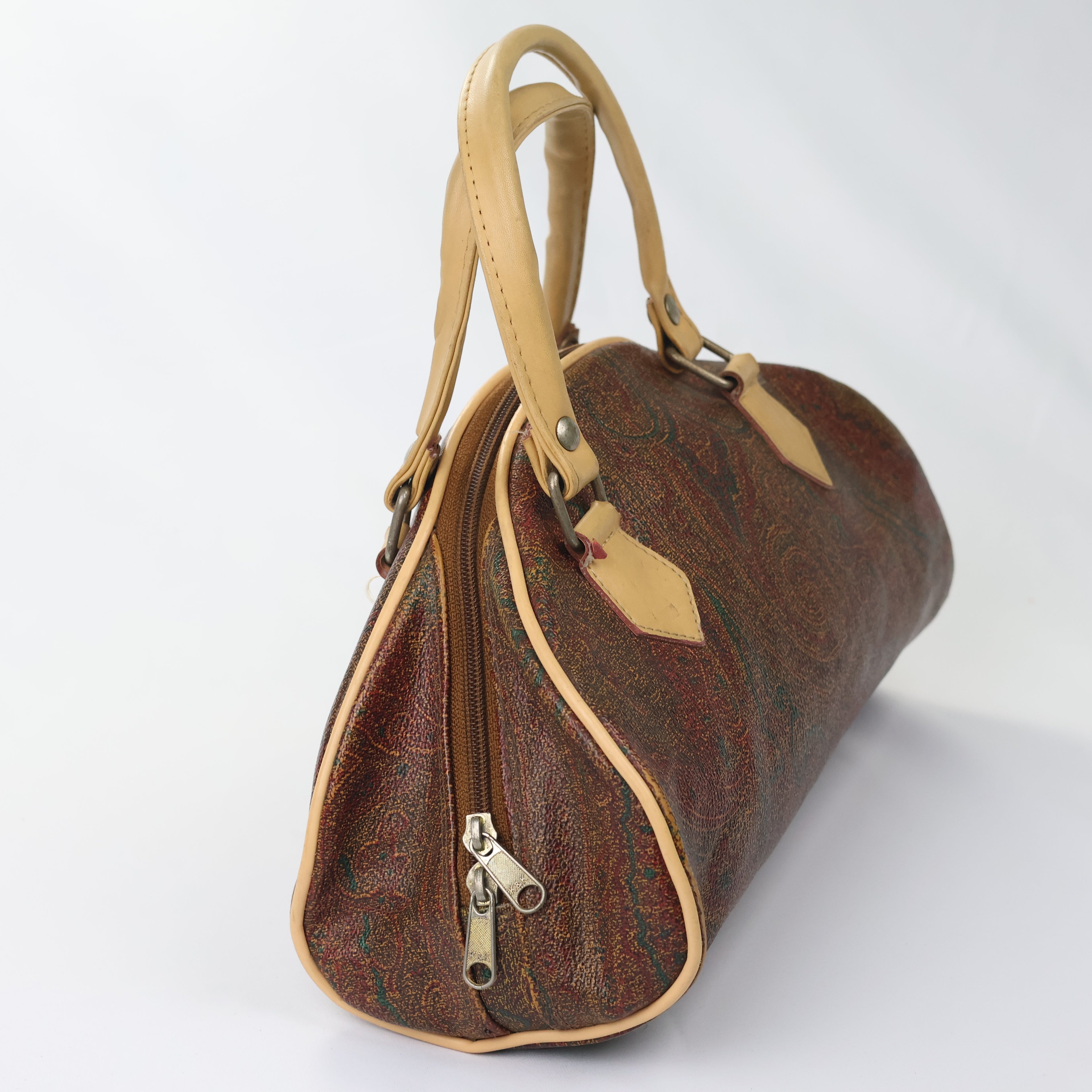 Vintage Paisley Pattern Satchel Bag - Retro Tan Leather Trim Handbag