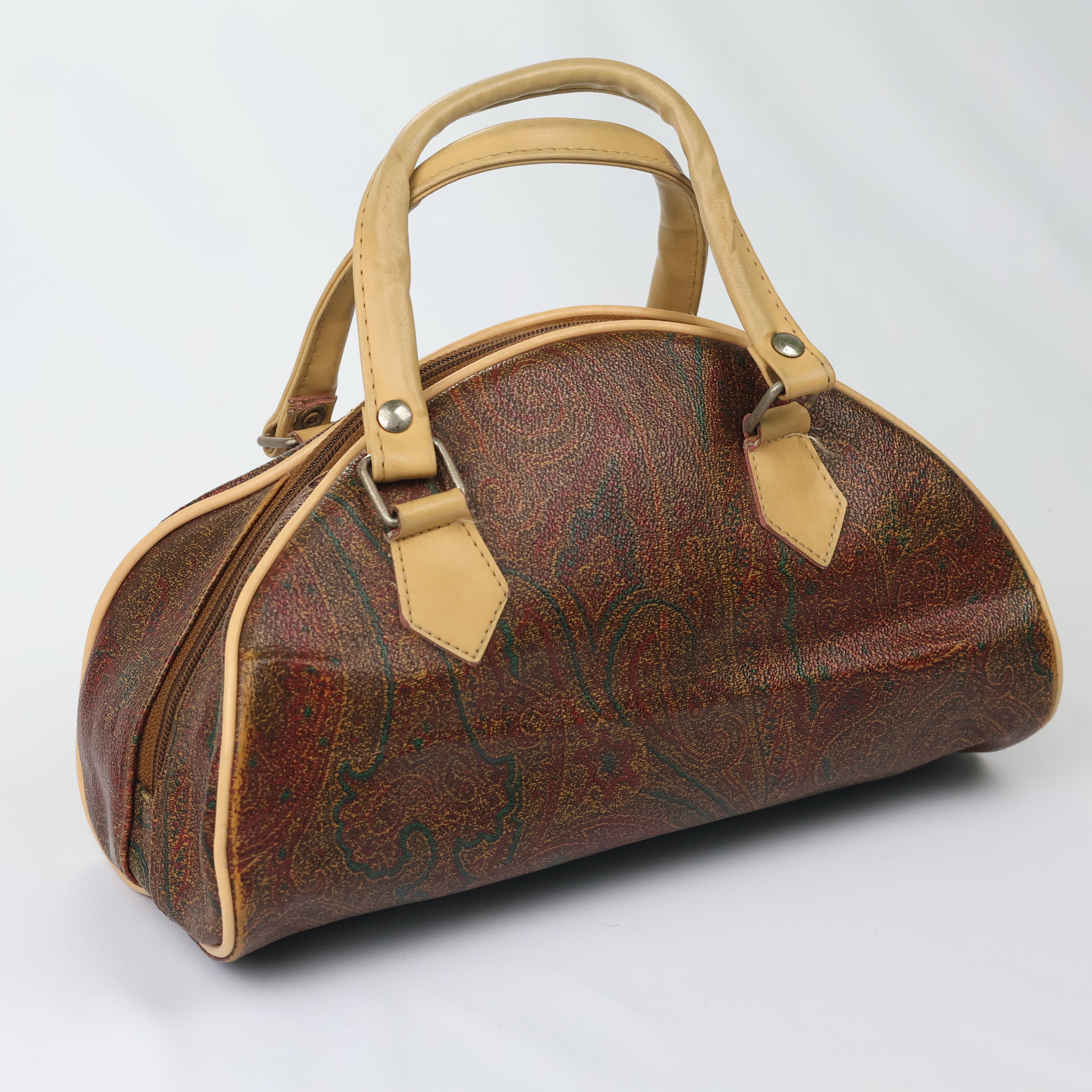 Vintage Paisley Pattern Satchel Bag - Retro Tan Leather Trim Handbag