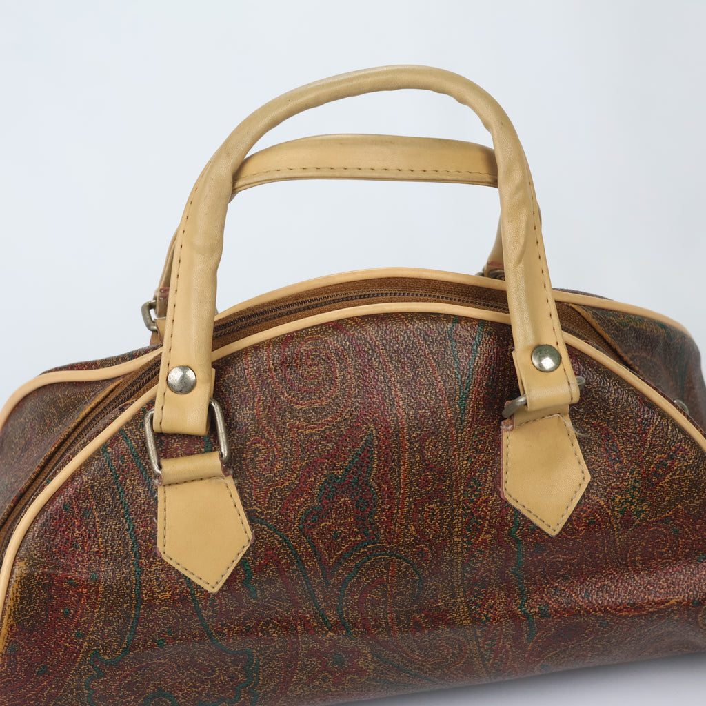 Vintage Paisley Pattern Satchel Bag - Retro Tan Leather Trim Handbag