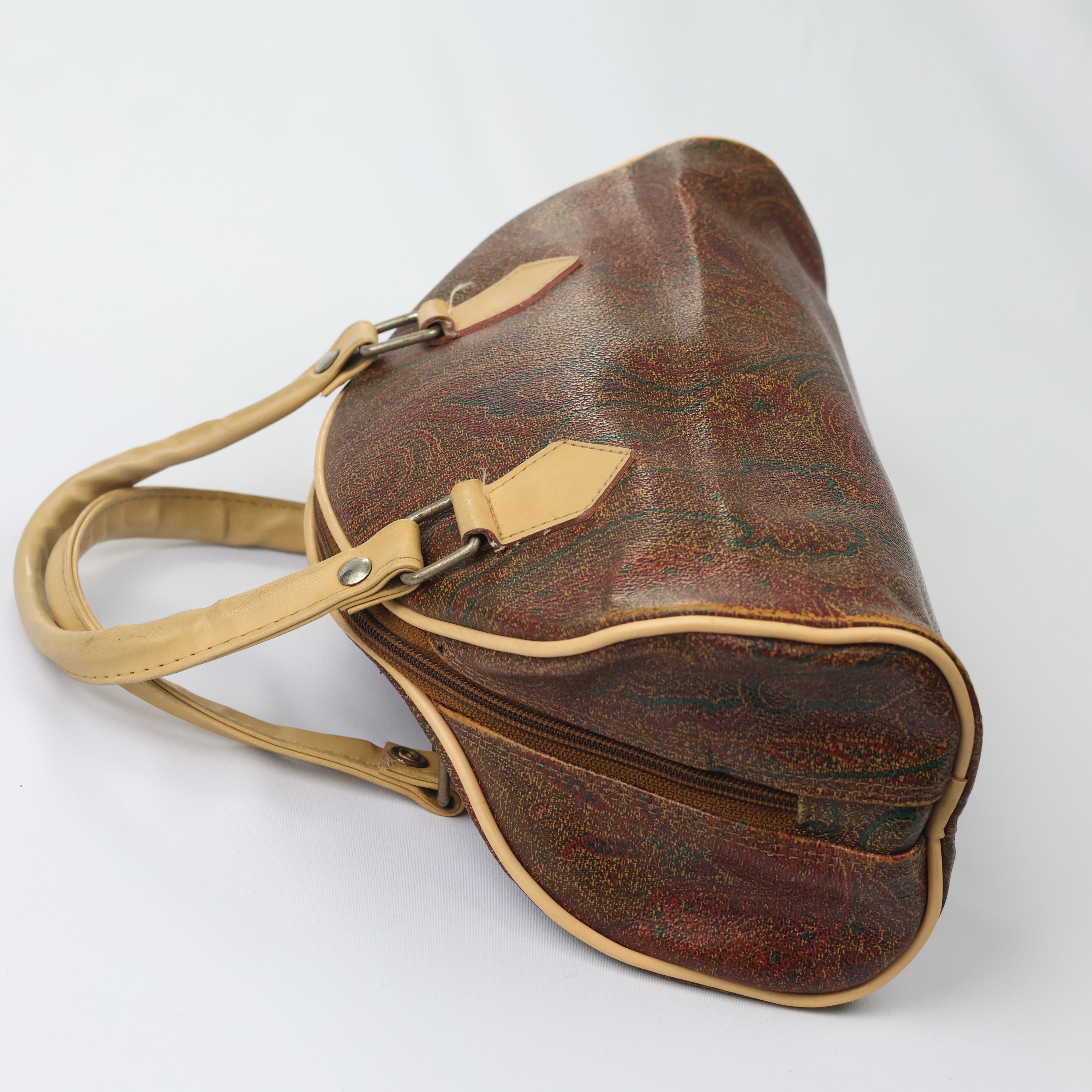 Vintage Paisley Pattern Satchel Bag - Retro Tan Leather Trim Handbag