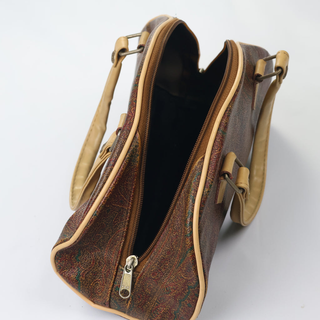 Vintage Paisley Pattern Satchel Bag - Retro Tan Leather Trim Handbag