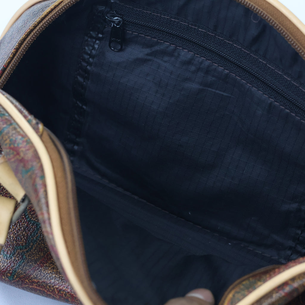 Vintage Paisley Pattern Satchel Bag - Retro Tan Leather Trim Handbag