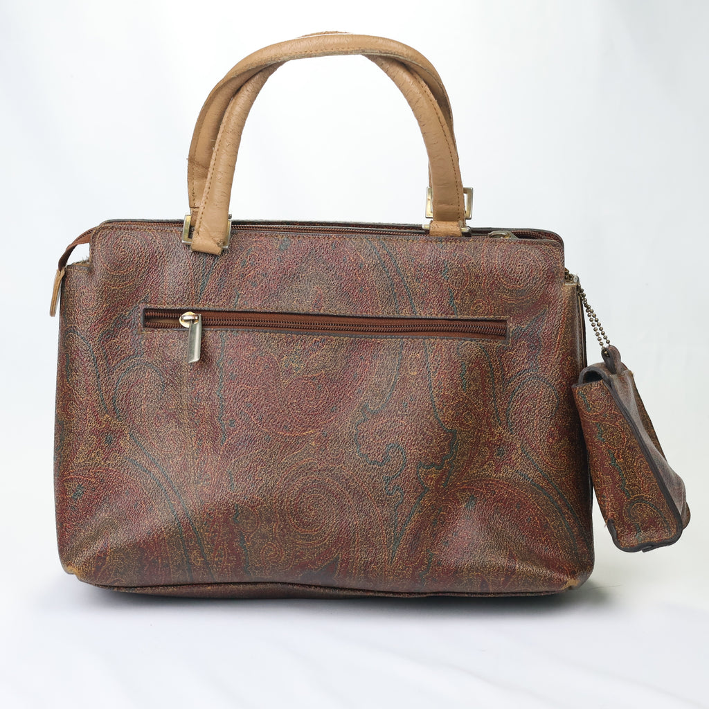 Vintage Paisley Pattern Satchel - Brown Leather Trim Men’s Handbag