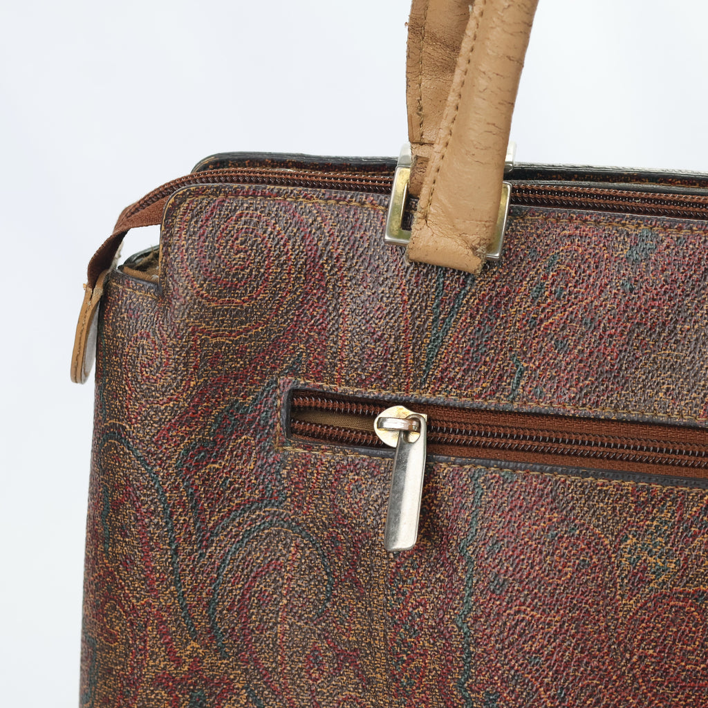 Vintage Paisley Pattern Satchel - Brown Leather Trim Men’s Handbag