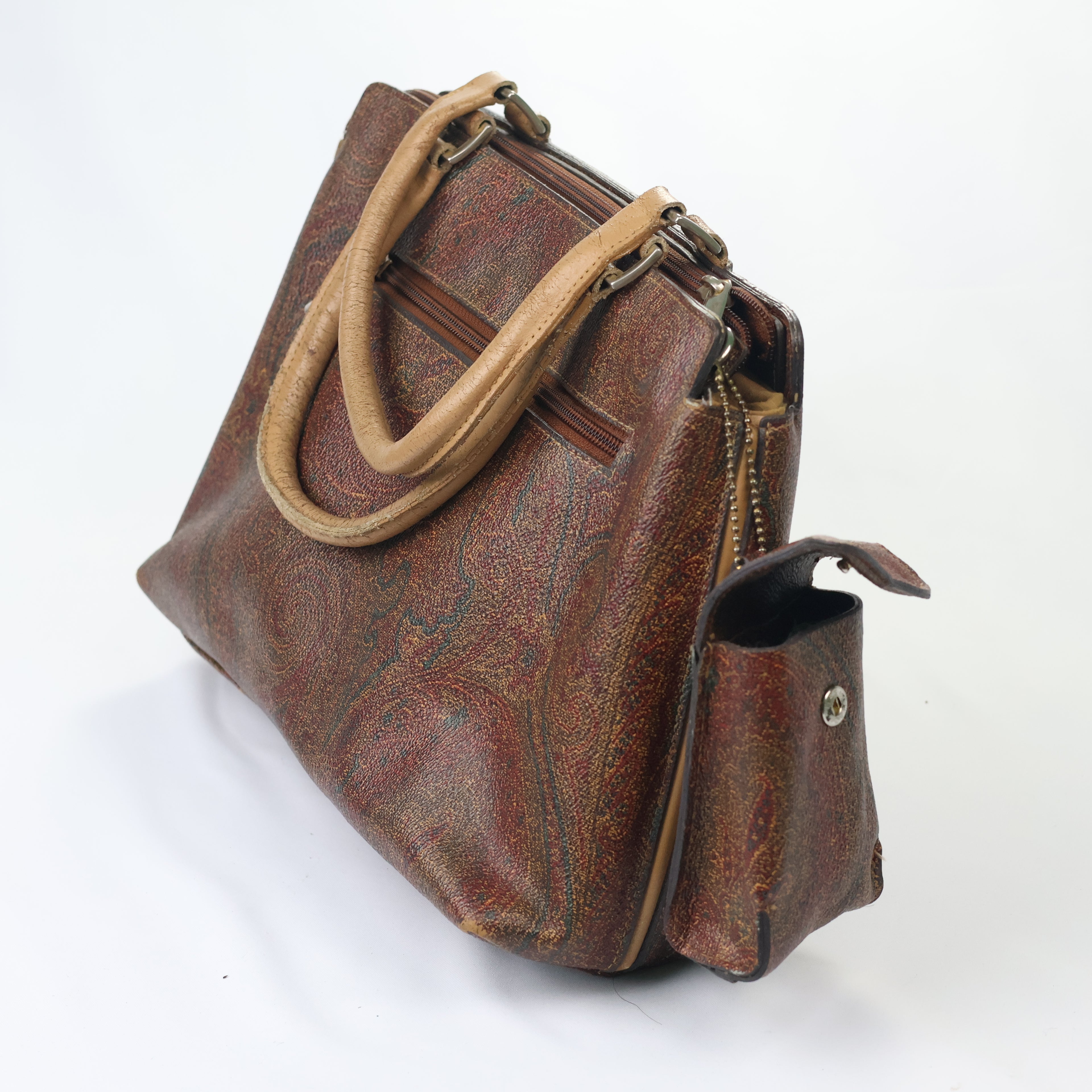 Vintage Paisley Pattern Satchel - Brown Leather Trim Men’s Handbag