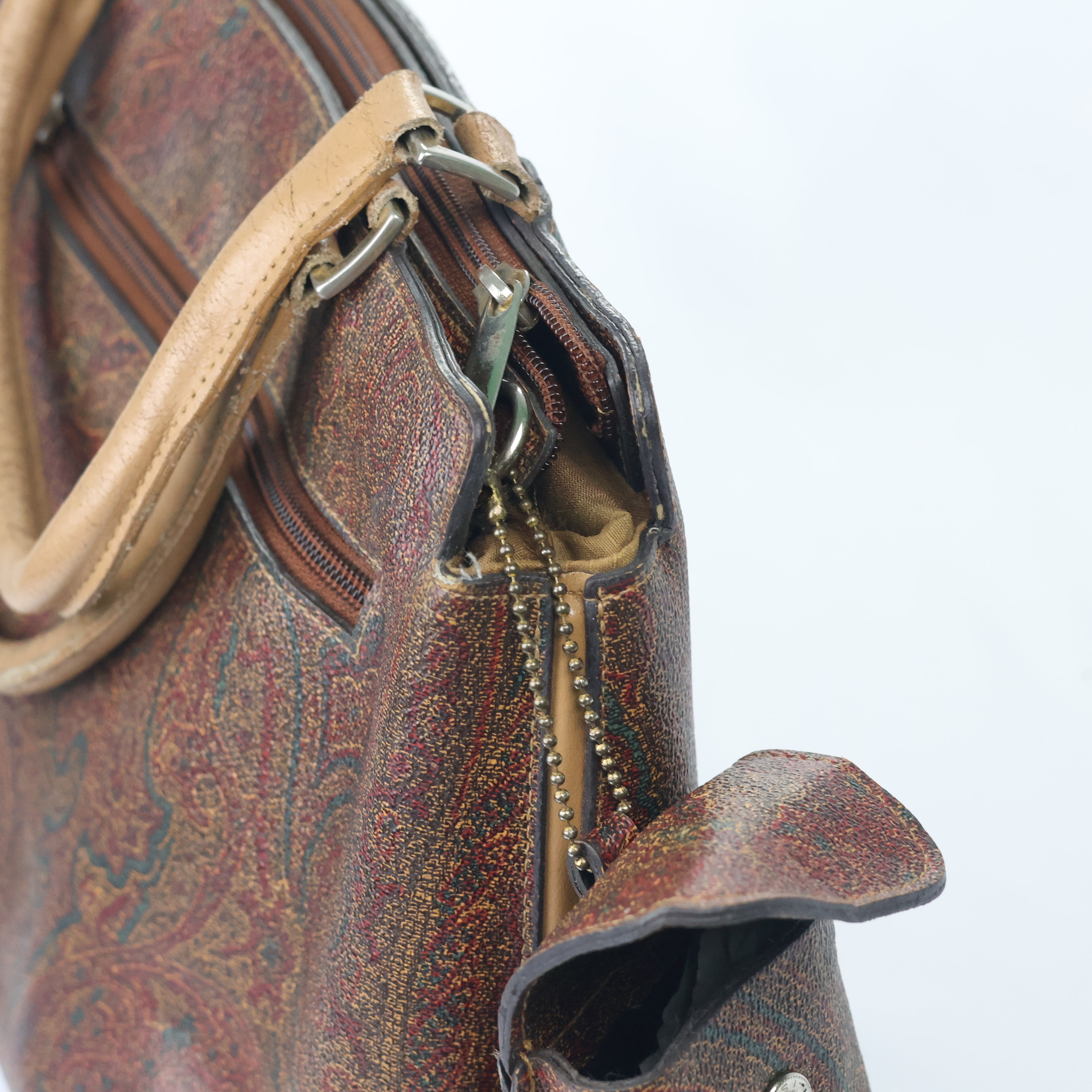 Vintage Paisley Pattern Satchel - Brown Leather Trim Men’s Handbag