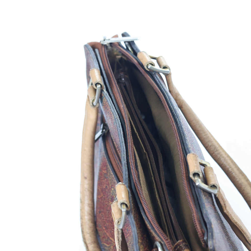 Vintage Paisley Pattern Satchel - Brown Leather Trim Men’s Handbag