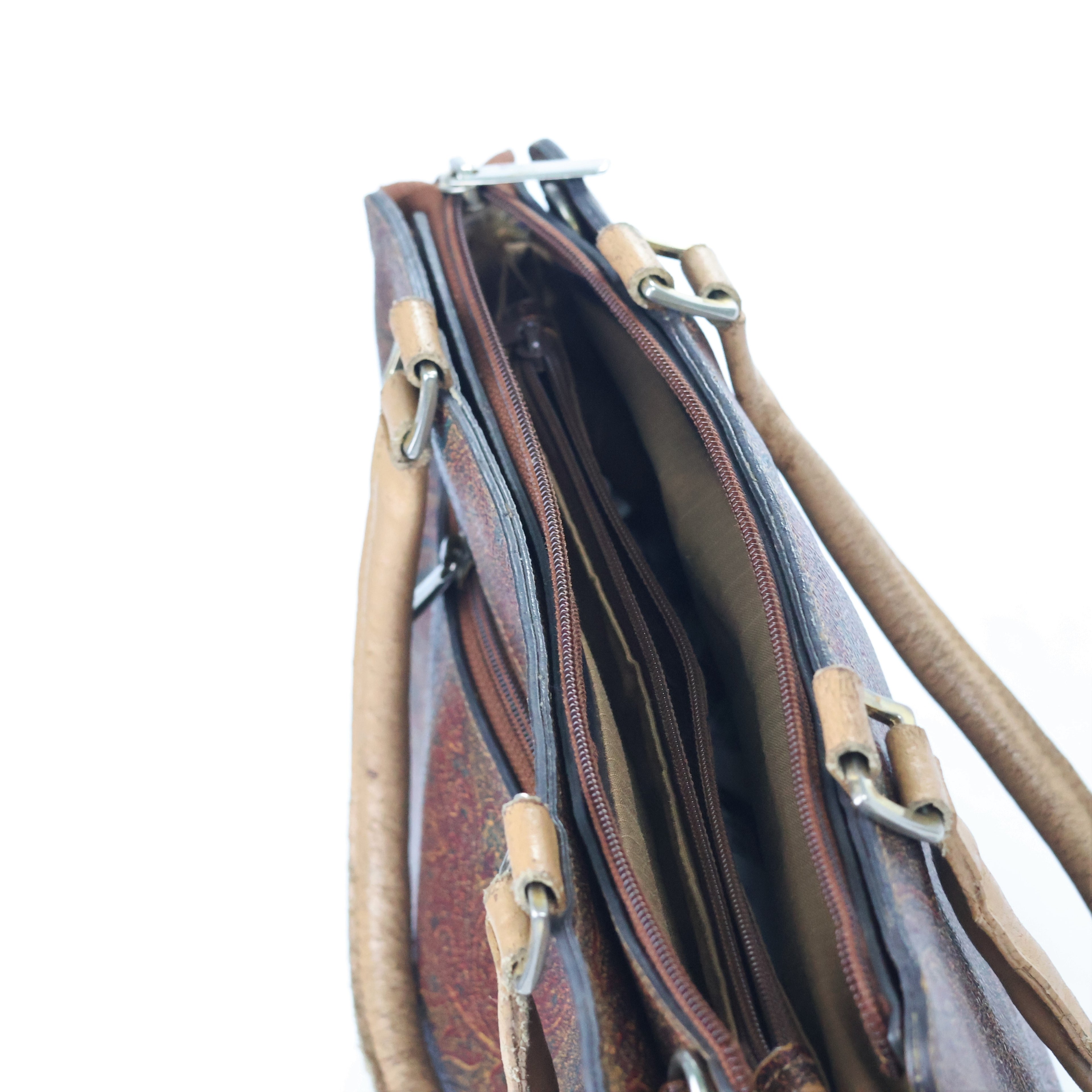 Vintage Paisley Pattern Satchel - Brown Leather Trim Men’s Handbag
