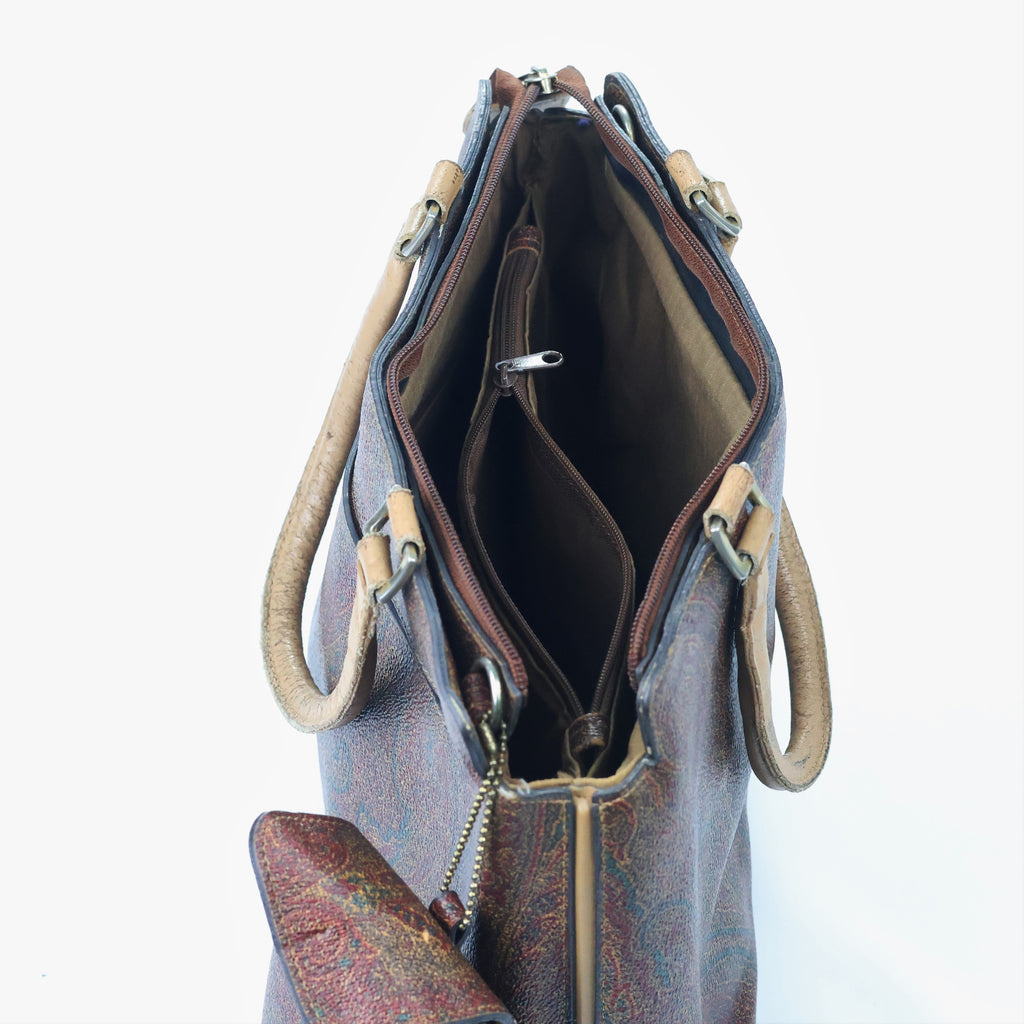 Vintage Paisley Pattern Satchel - Brown Leather Trim Men’s Handbag