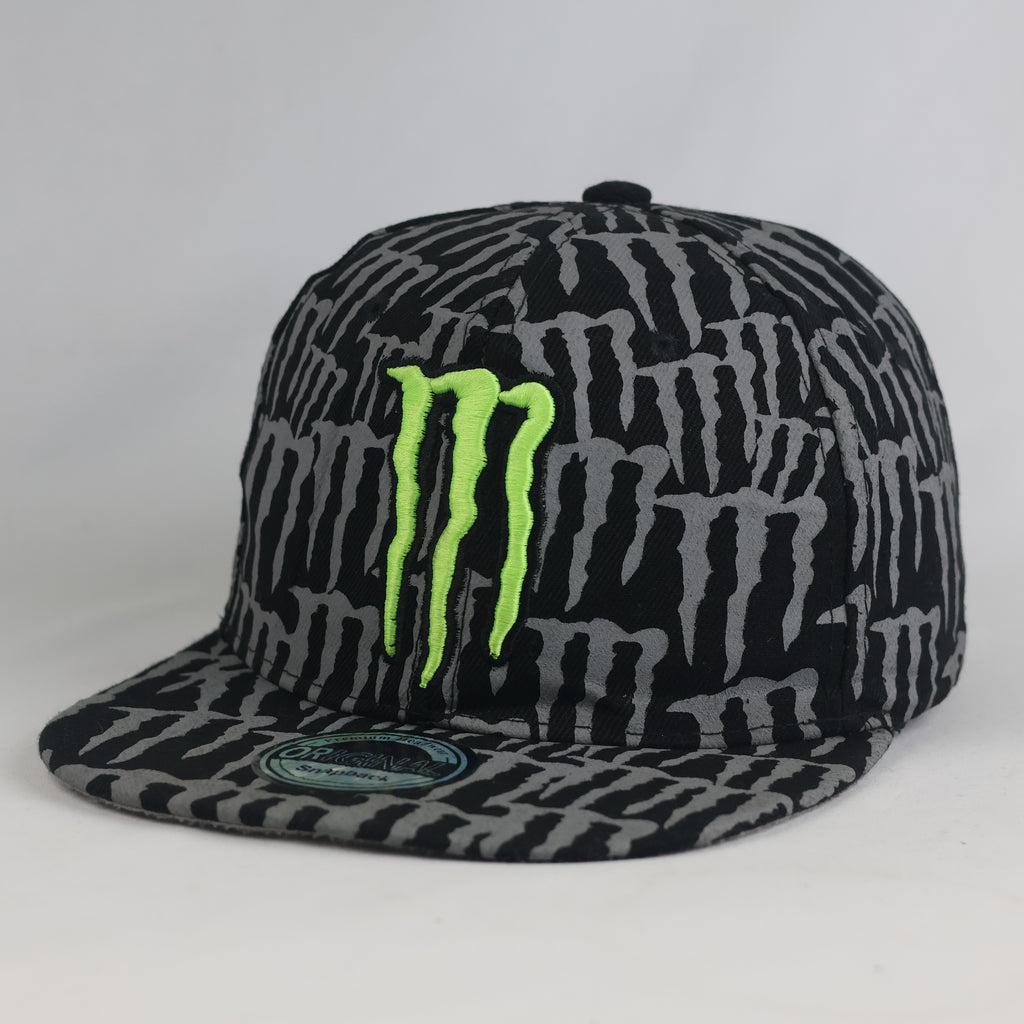 Thrifted Monster Energy Black & Grey Monogram Flat Brim Cap (Size 57–59 cm) | 10829