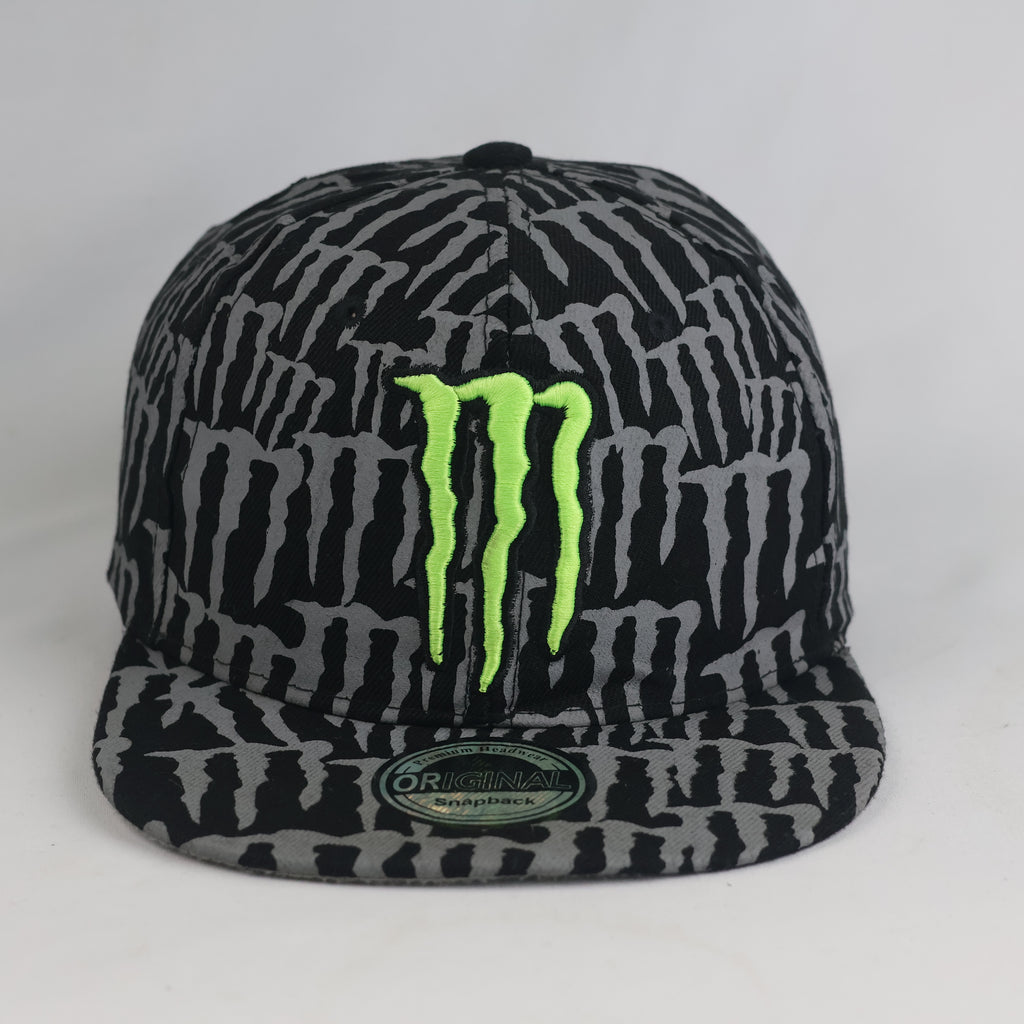Thrifted Monster Energy Black & Grey Monogram Flat Brim Cap (Size 57–59 cm) | 10829