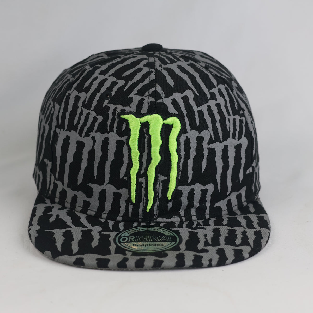 Thrifted Monster Energy Black & Grey Monogram Flat Brim Cap (Size 57–59 cm) | 10829