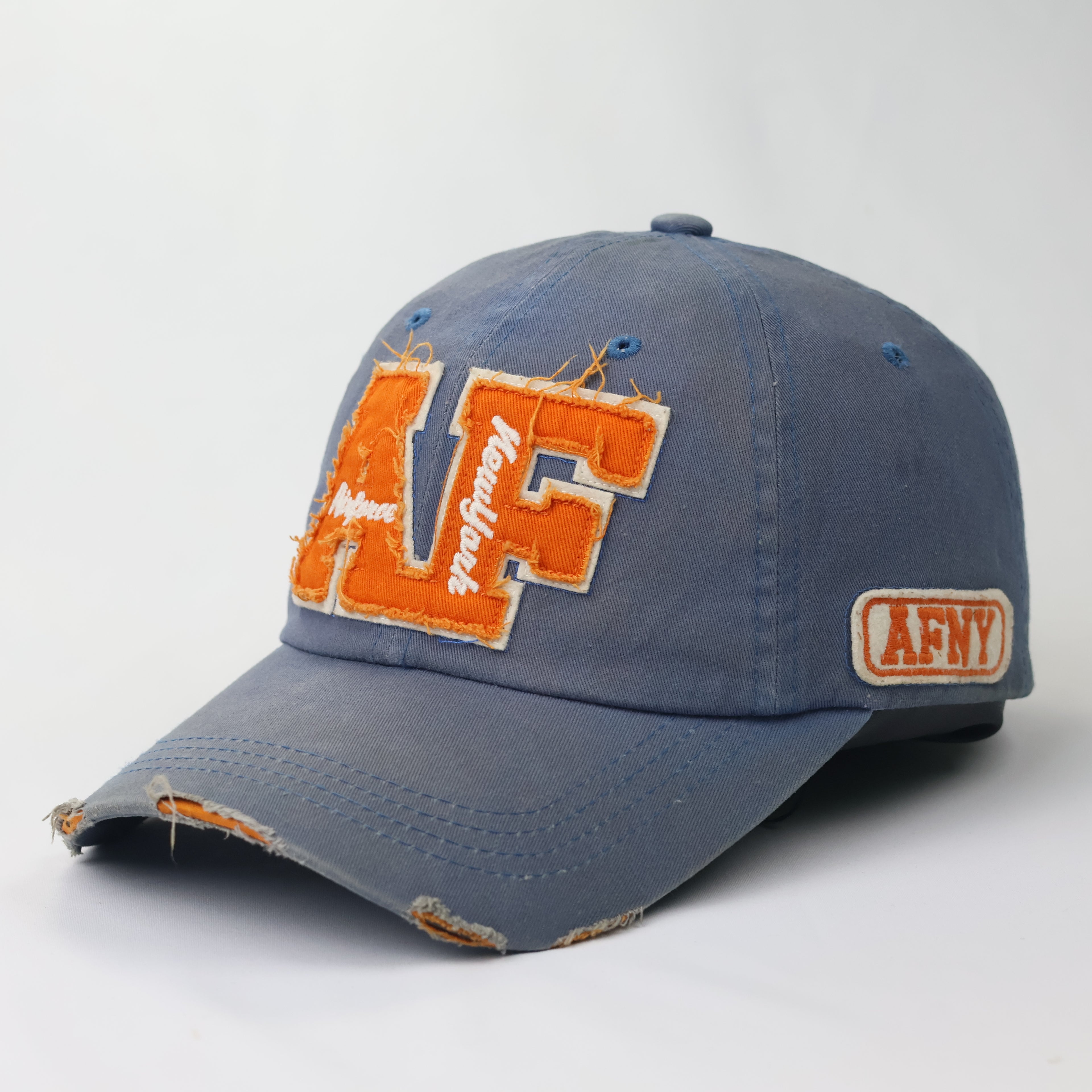 Vintage AF Distressed Baseball Cap - Blue & Orange Frayed Streetwear Hat