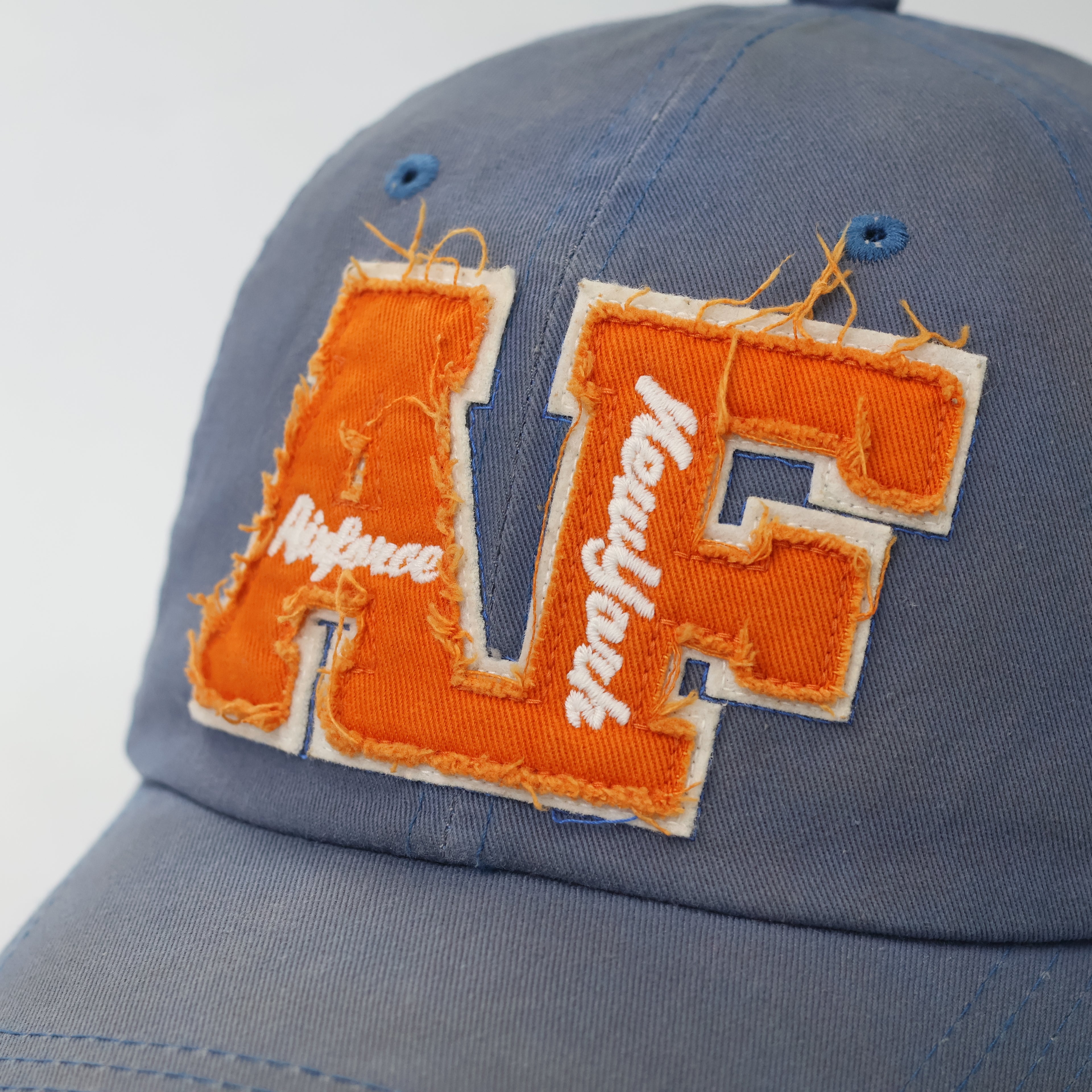 Vintage AF Distressed Baseball Cap - Blue & Orange Frayed Streetwear Hat