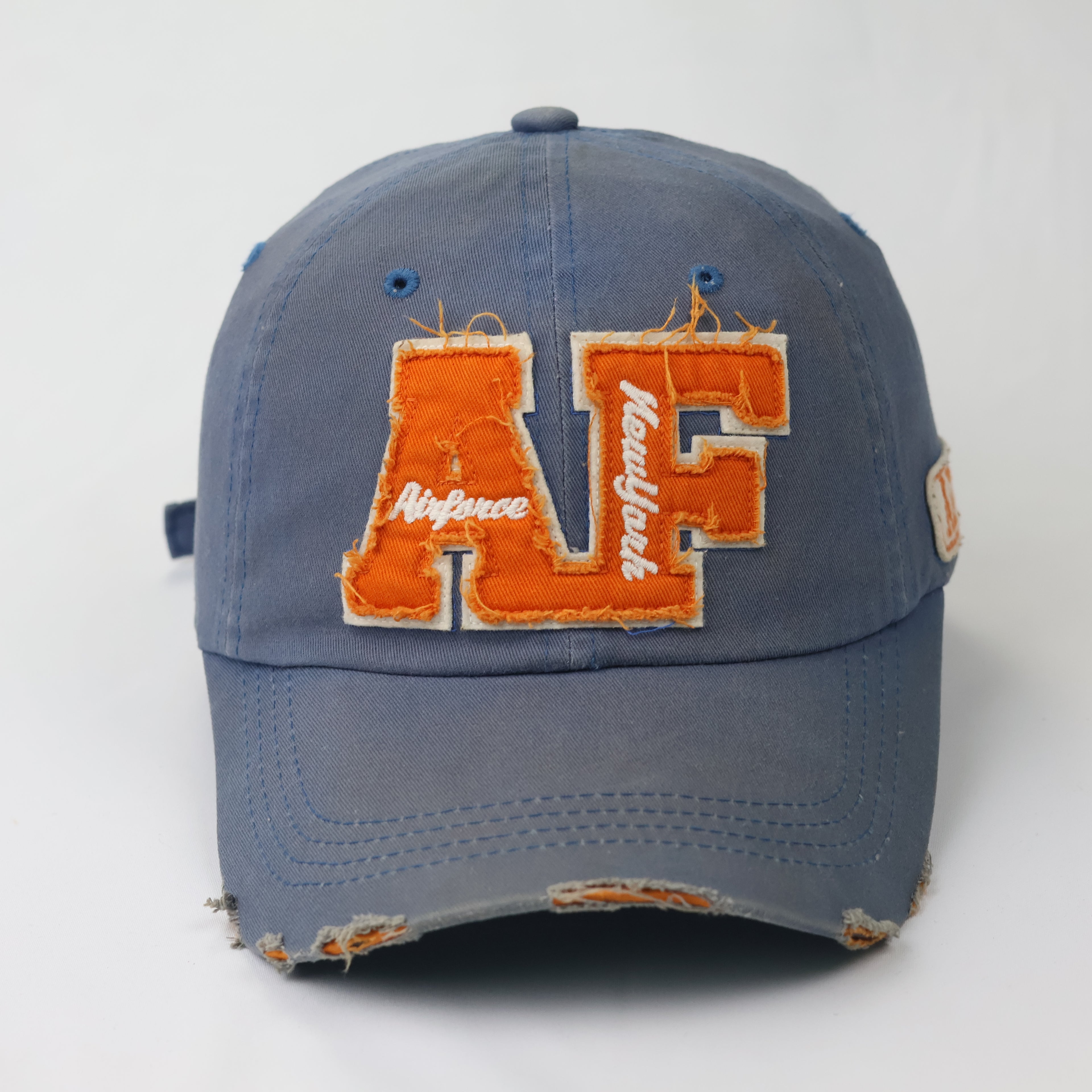 Vintage AF Distressed Baseball Cap - Blue & Orange Frayed Streetwear Hat