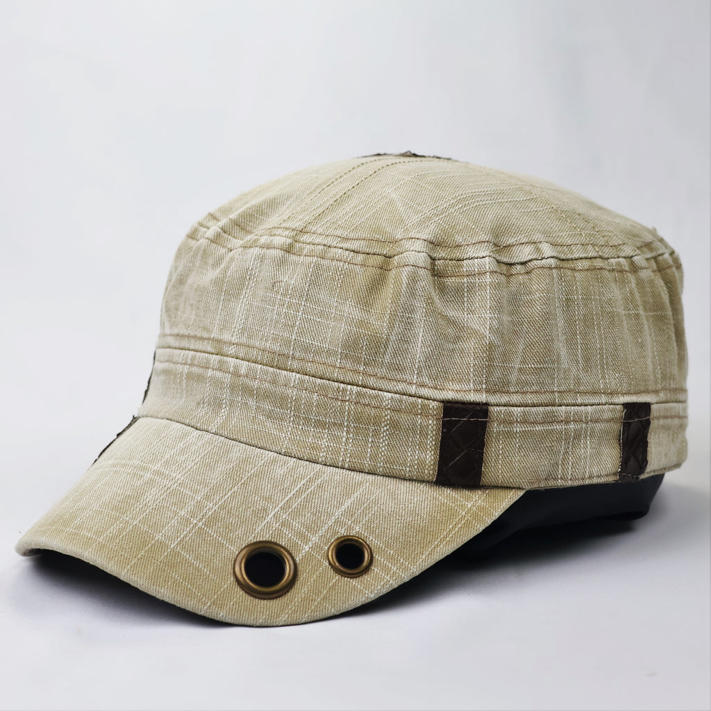Vintage Khaki Cadet Army Cap - Textured Cotton Military Hat