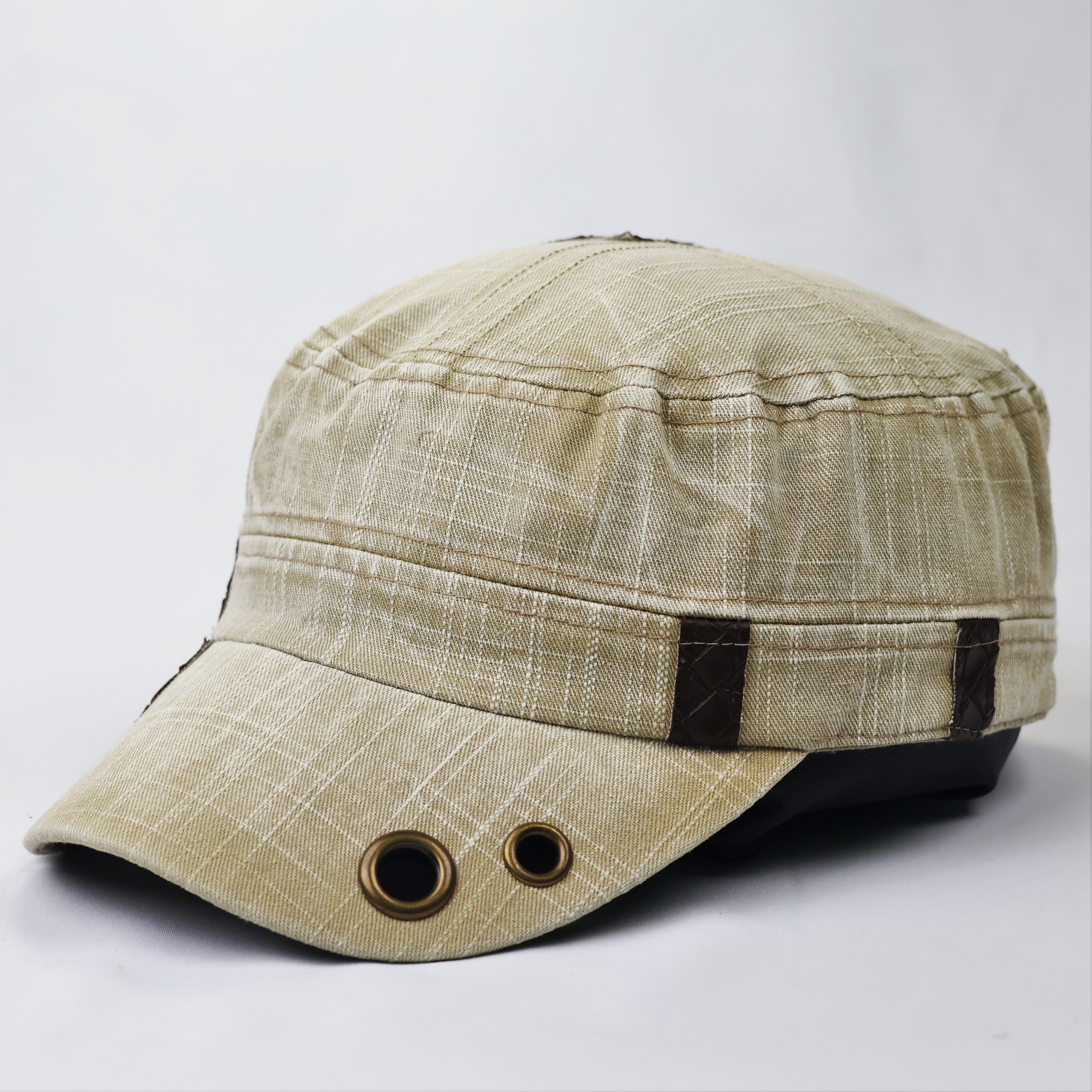 Vintage Khaki Cadet Army Cap - Textured Cotton Military Hat