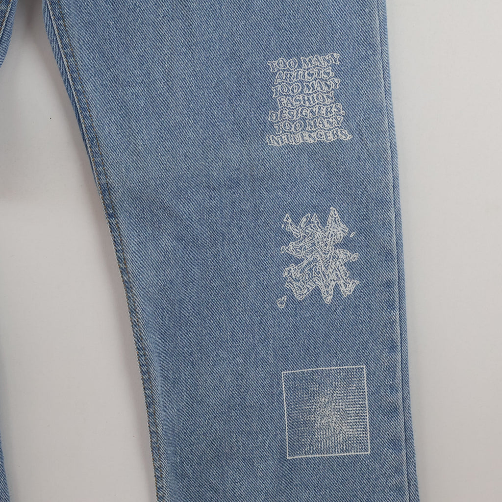 Thrifted Vintage APIECEOFCAKE Light Blue Graphic Denim Jeans waist 30/ J1056