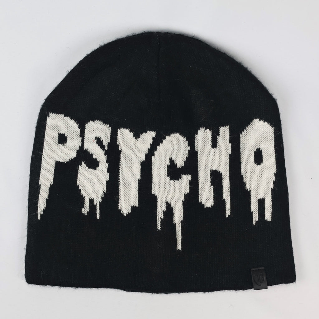 Edgy Black "PHYSCO" Black Thrifted Beanie - Gen Z Streetwear Knit Cap