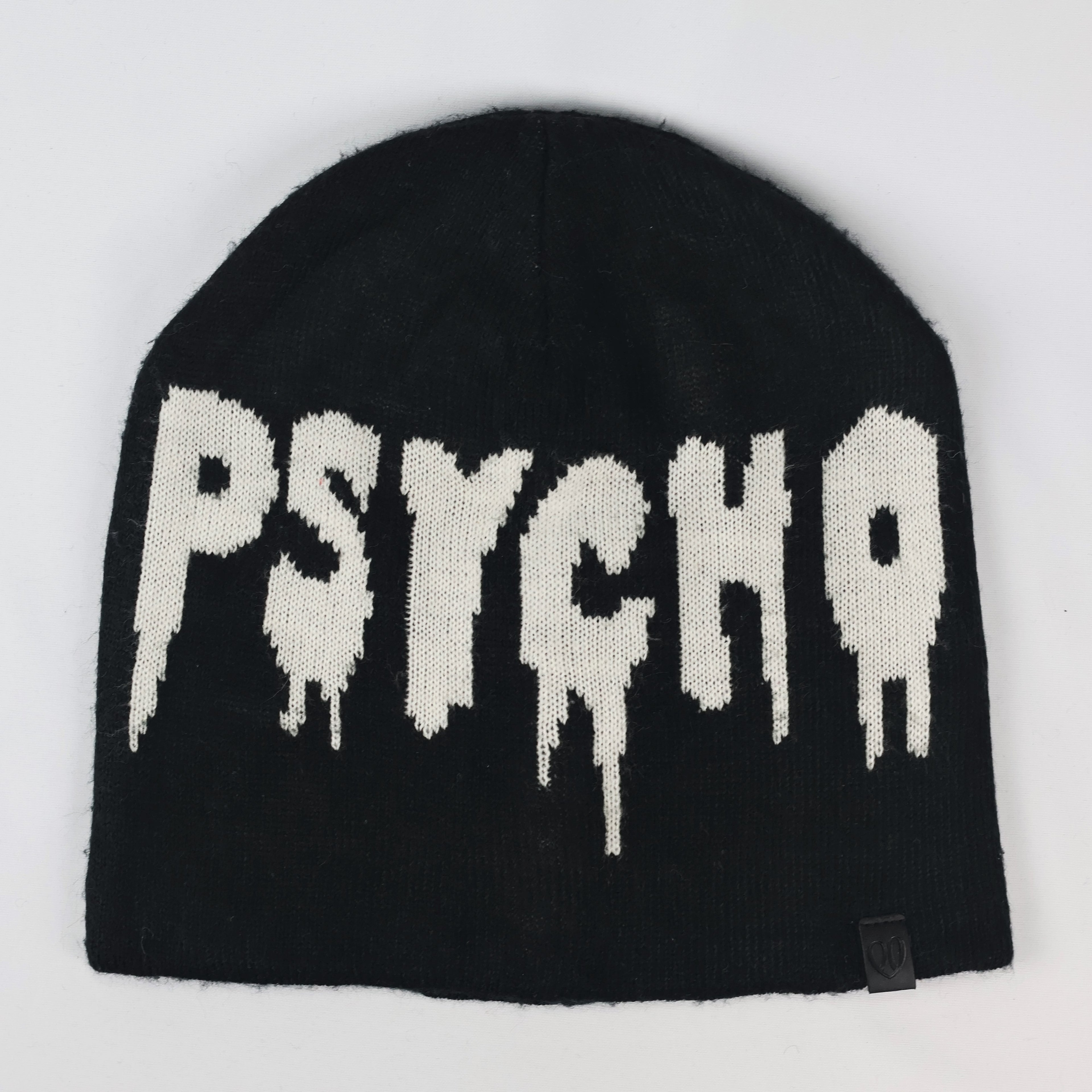 Edgy Black "PHYSCO" Black Thrifted Beanie - Gen Z Streetwear Knit Cap