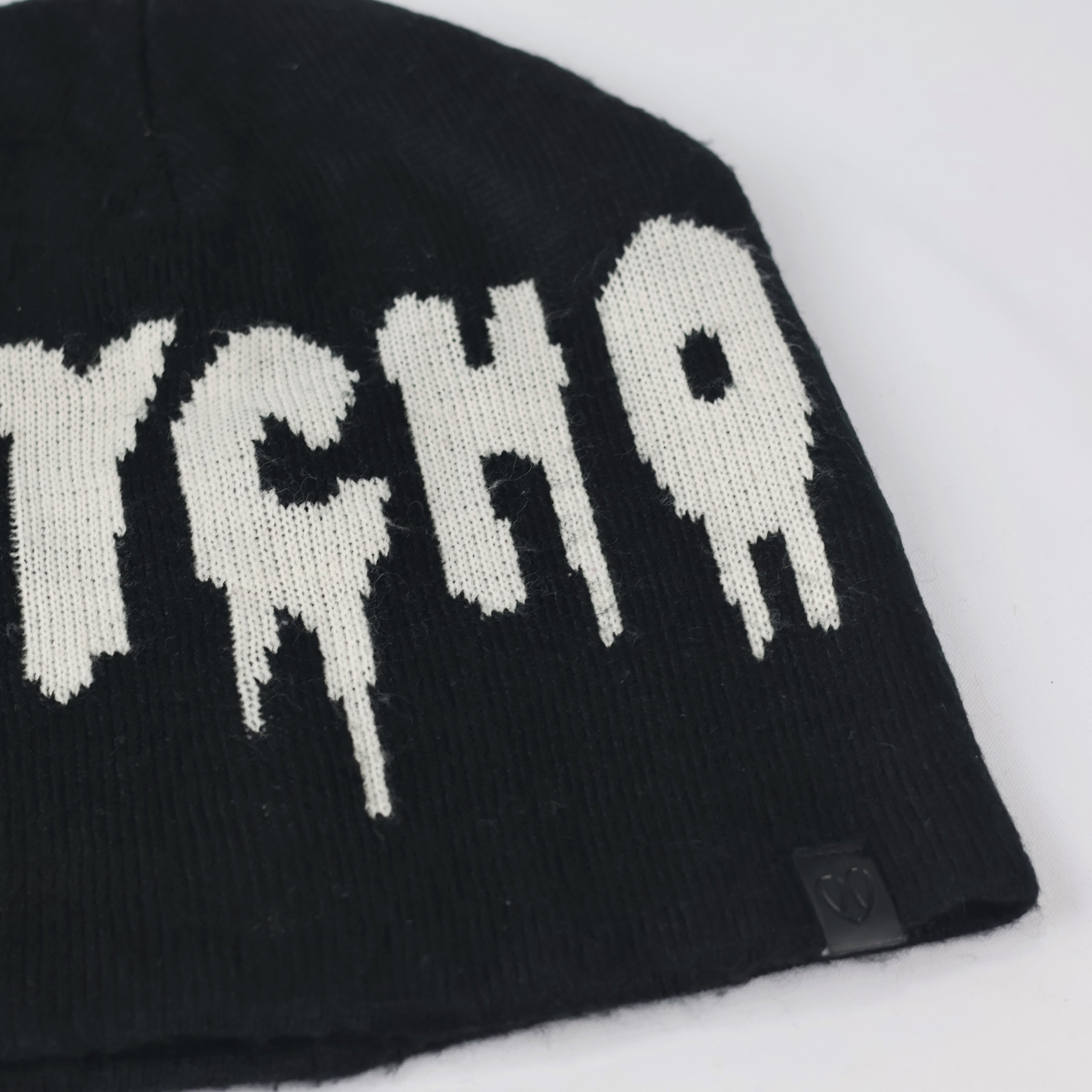 Edgy Black "PHYSCO" Black Thrifted Beanie - Gen Z Streetwear Knit Cap