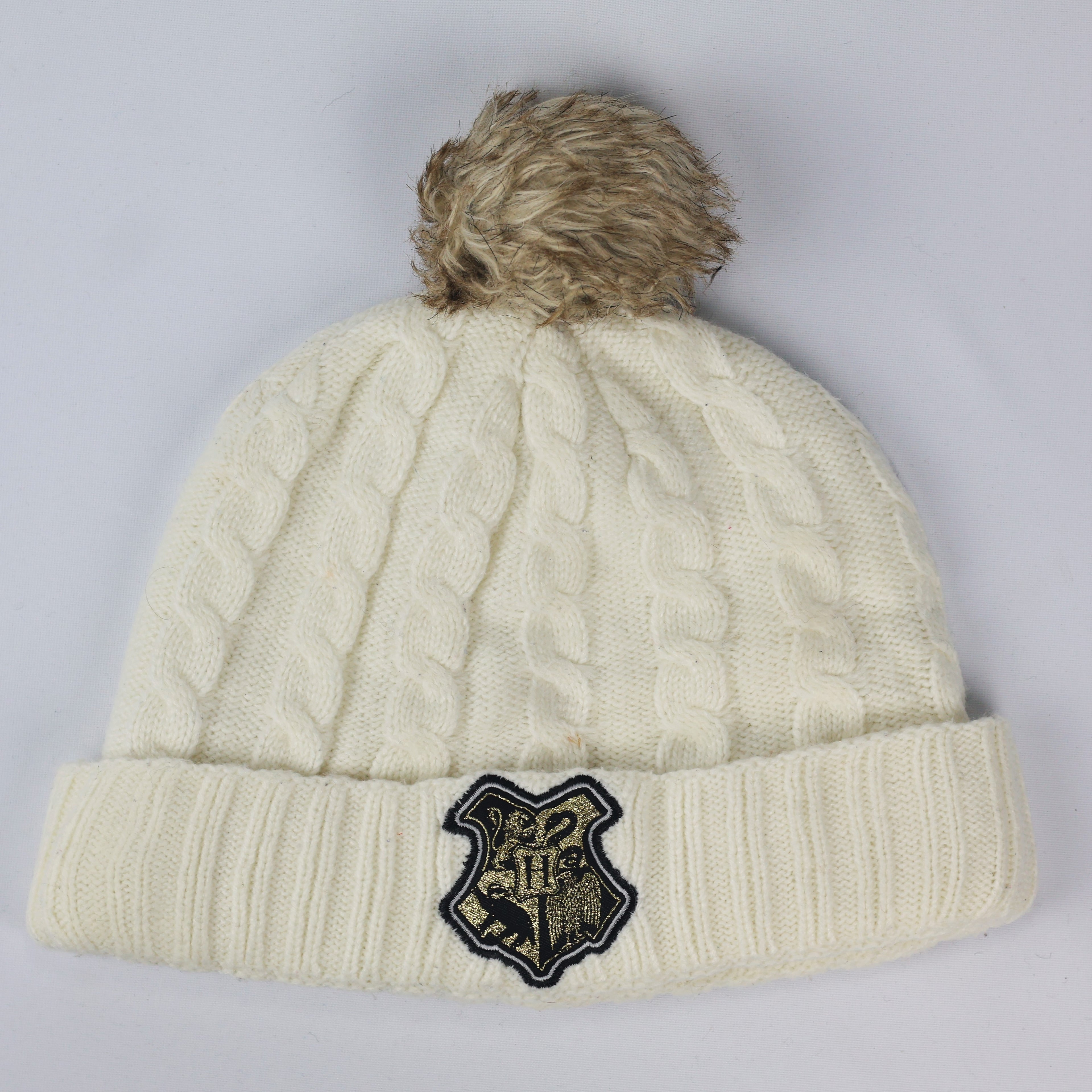 Harry Potter Junior White Knit Pom Thrifted  Beanie - Hogwarts Winter Hat (Ages 8-12)
