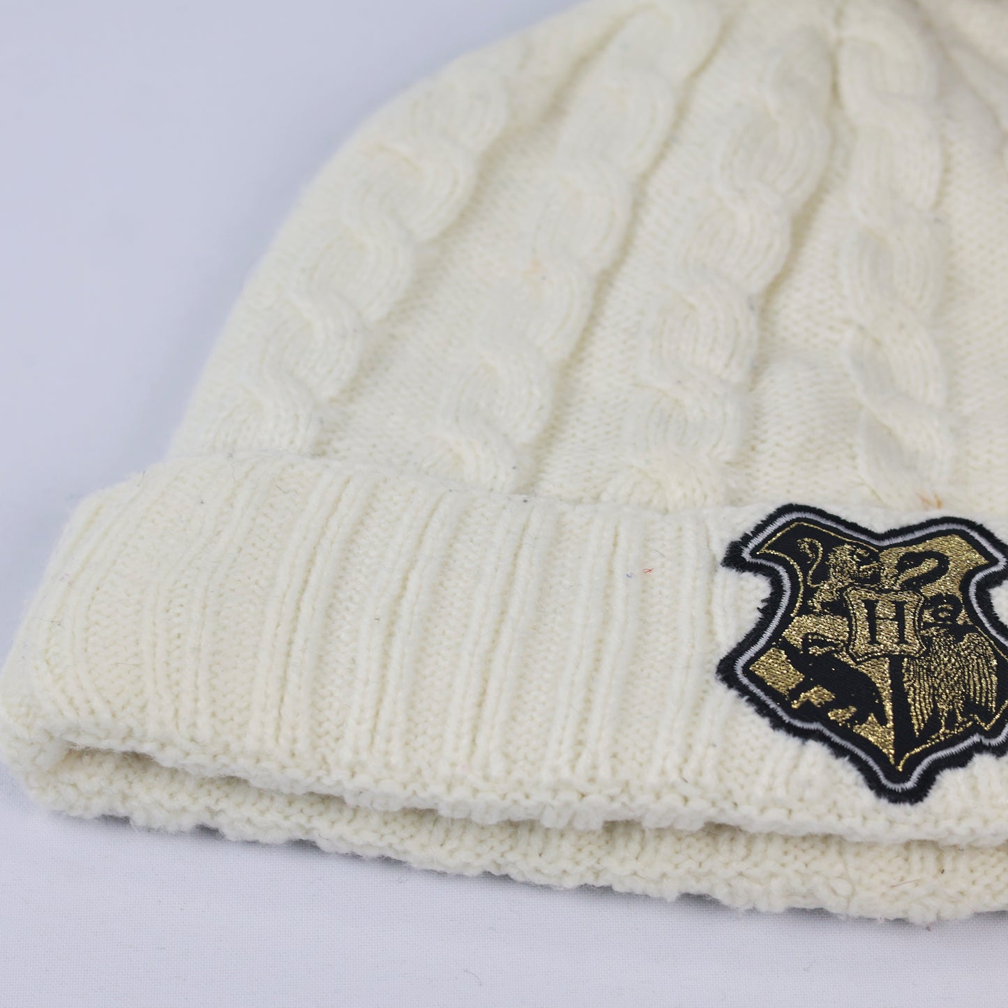 Harry Potter Junior White Knit Pom Thrifted  Beanie - Hogwarts Winter Hat (Ages 8-12)