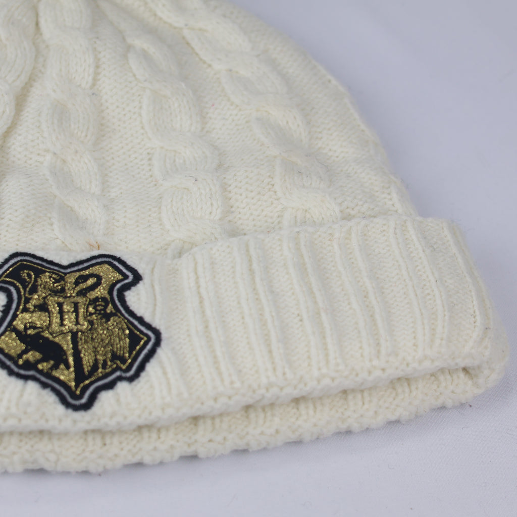 Harry Potter Junior White Knit Pom Thrifted  Beanie - Hogwarts Winter Hat (Ages 8-12)