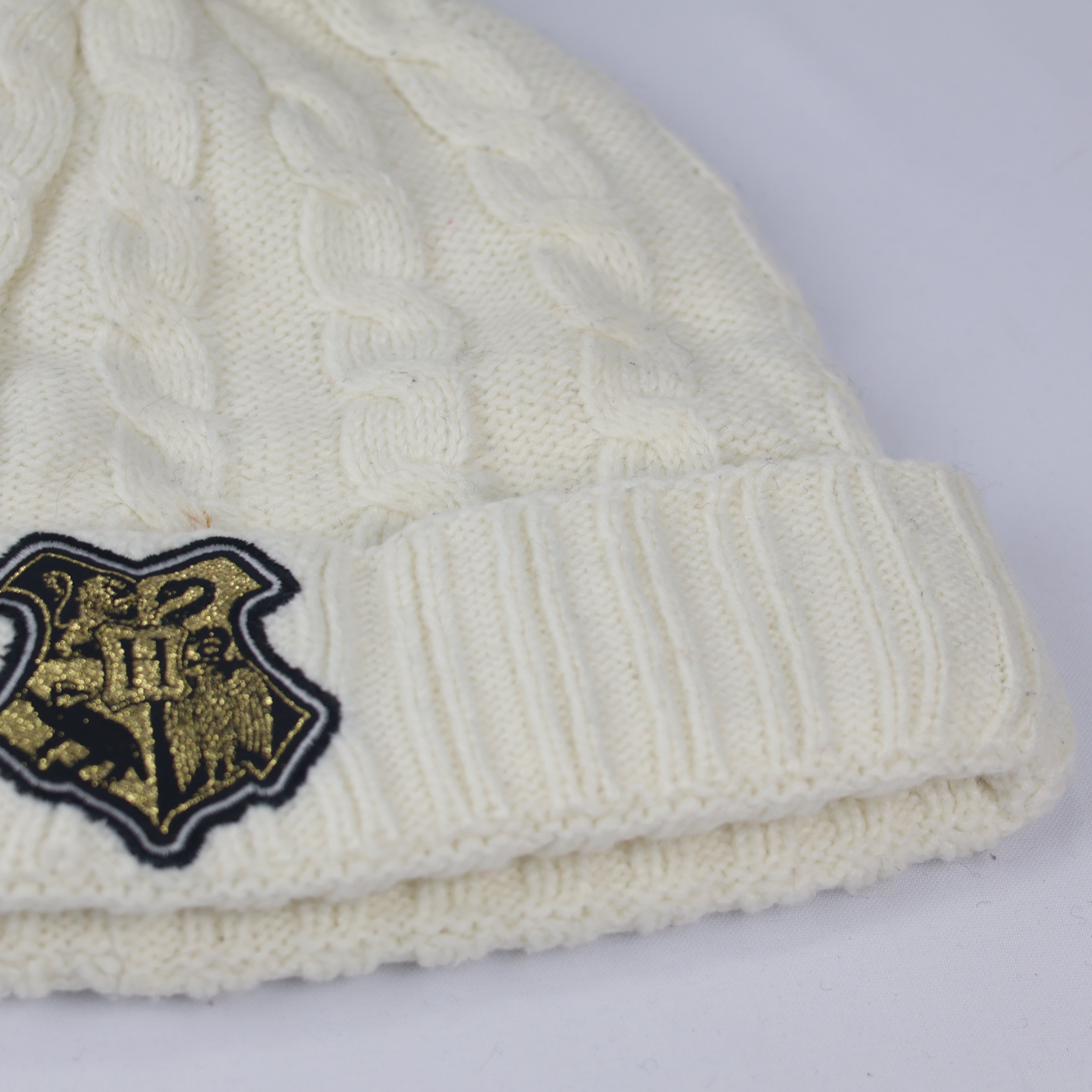 Harry Potter Junior White Knit Pom Thrifted  Beanie - Hogwarts Winter Hat (Ages 8-12)