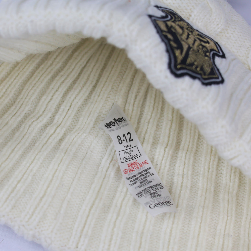 Harry Potter Junior White Knit Pom Thrifted  Beanie - Hogwarts Winter Hat (Ages 8-12)