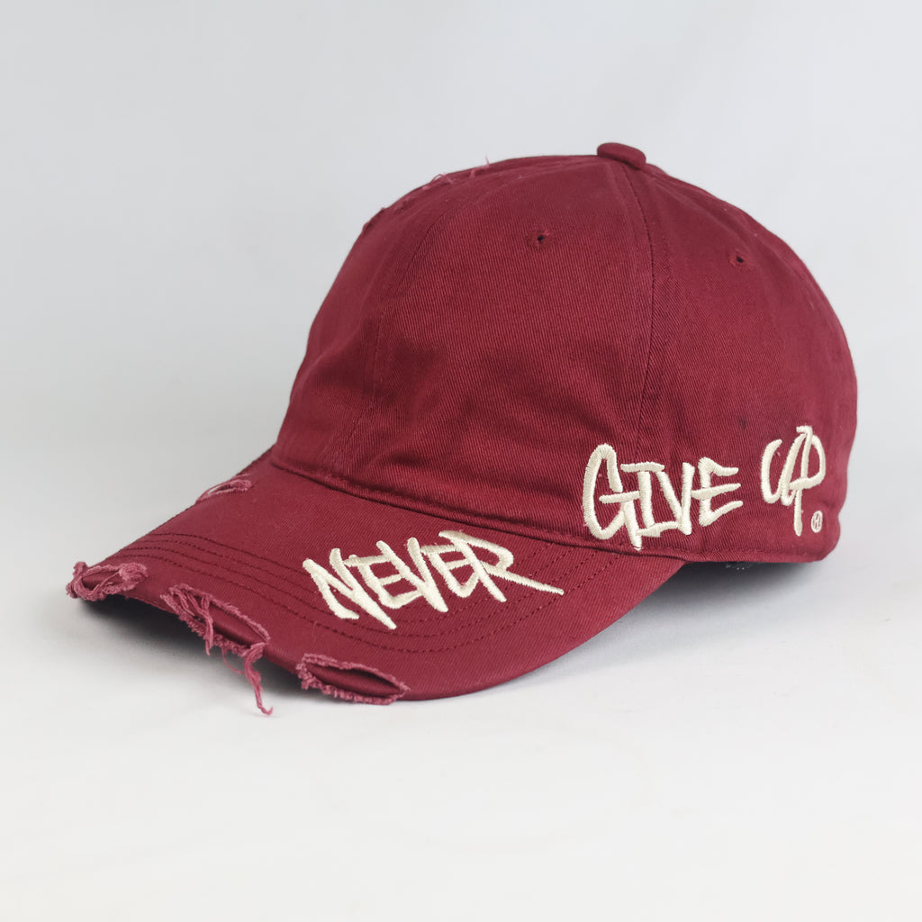 Thrifted Vintage Style Ripped Baseball Cap - Maroon "Never Give Up" Adjustable Hat (58-60cm) | 10844