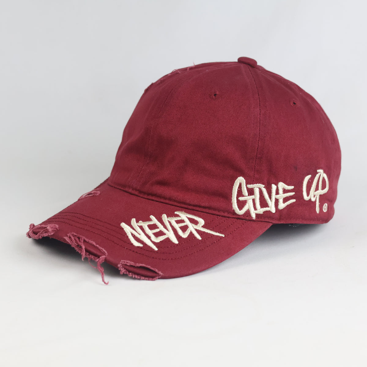 Thrifted Vintage Style Ripped Baseball Cap - Maroon "Never Give Up" Adjustable Hat (58-60cm) | 10844