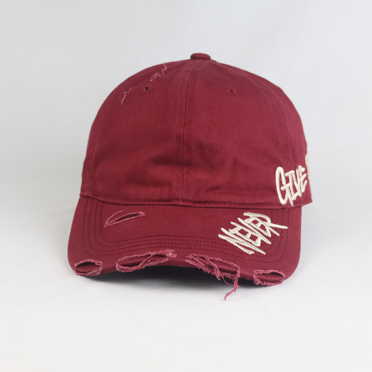 Thrifted Vintage Style Ripped Baseball Cap - Maroon "Never Give Up" Adjustable Hat (58-60cm) | 10844