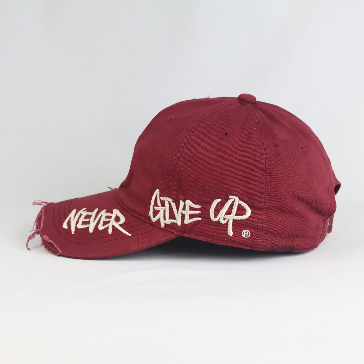 Thrifted Vintage Style Ripped Baseball Cap - Maroon "Never Give Up" Adjustable Hat (58-60cm) | 10844