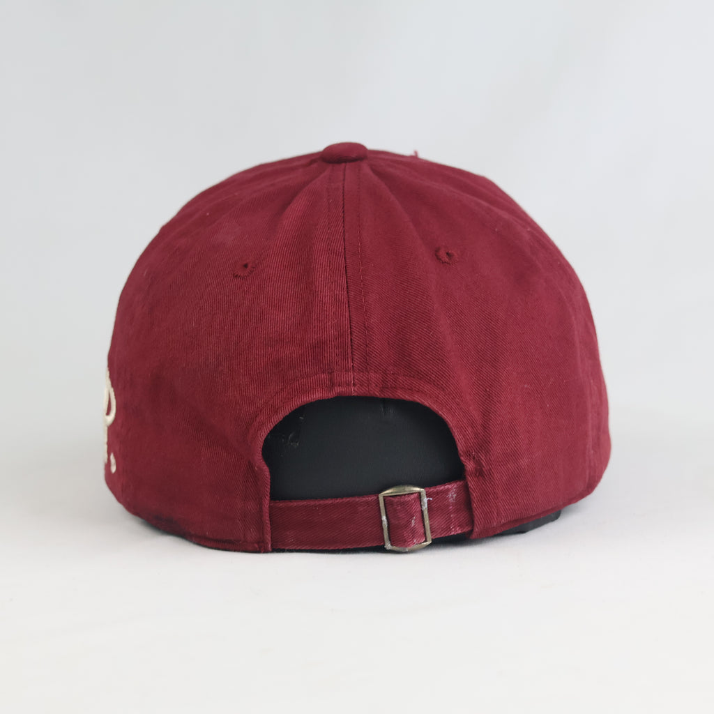 Thrifted Vintage Style Ripped Baseball Cap - Maroon "Never Give Up" Adjustable Hat (58-60cm) | 10844