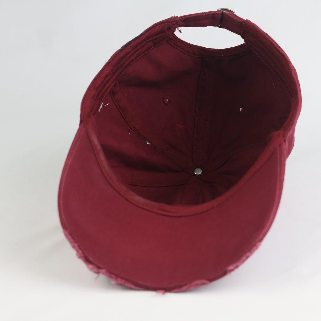 Thrifted Vintage Style Ripped Baseball Cap - Maroon "Never Give Up" Adjustable Hat (58-60cm) | 10844
