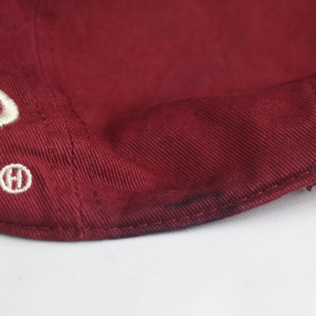 Thrifted Vintage Style Ripped Baseball Cap - Maroon "Never Give Up" Adjustable Hat (58-60cm) | 10844