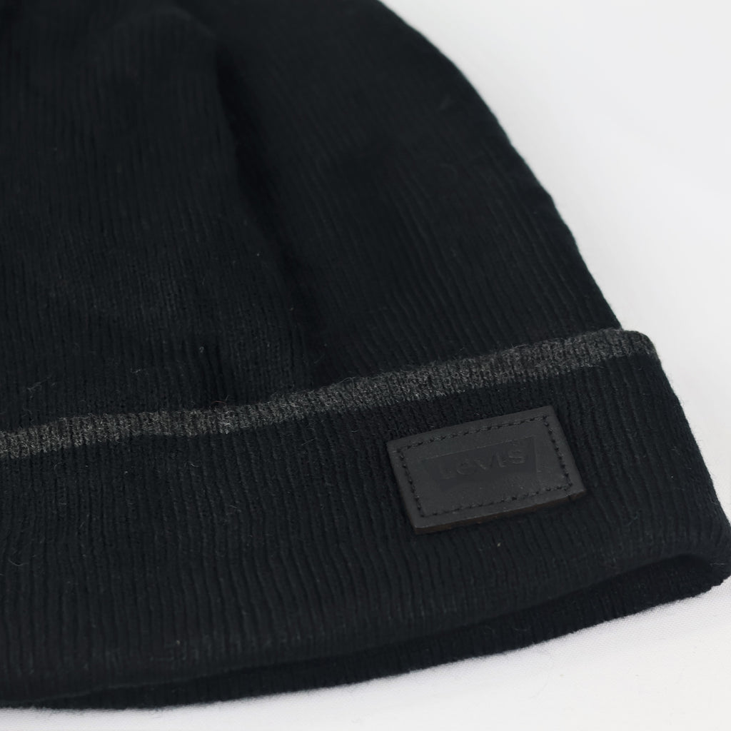 Levi's Classic Black Ribbed  Thrifted Beanie with Signature Red Tab Logo